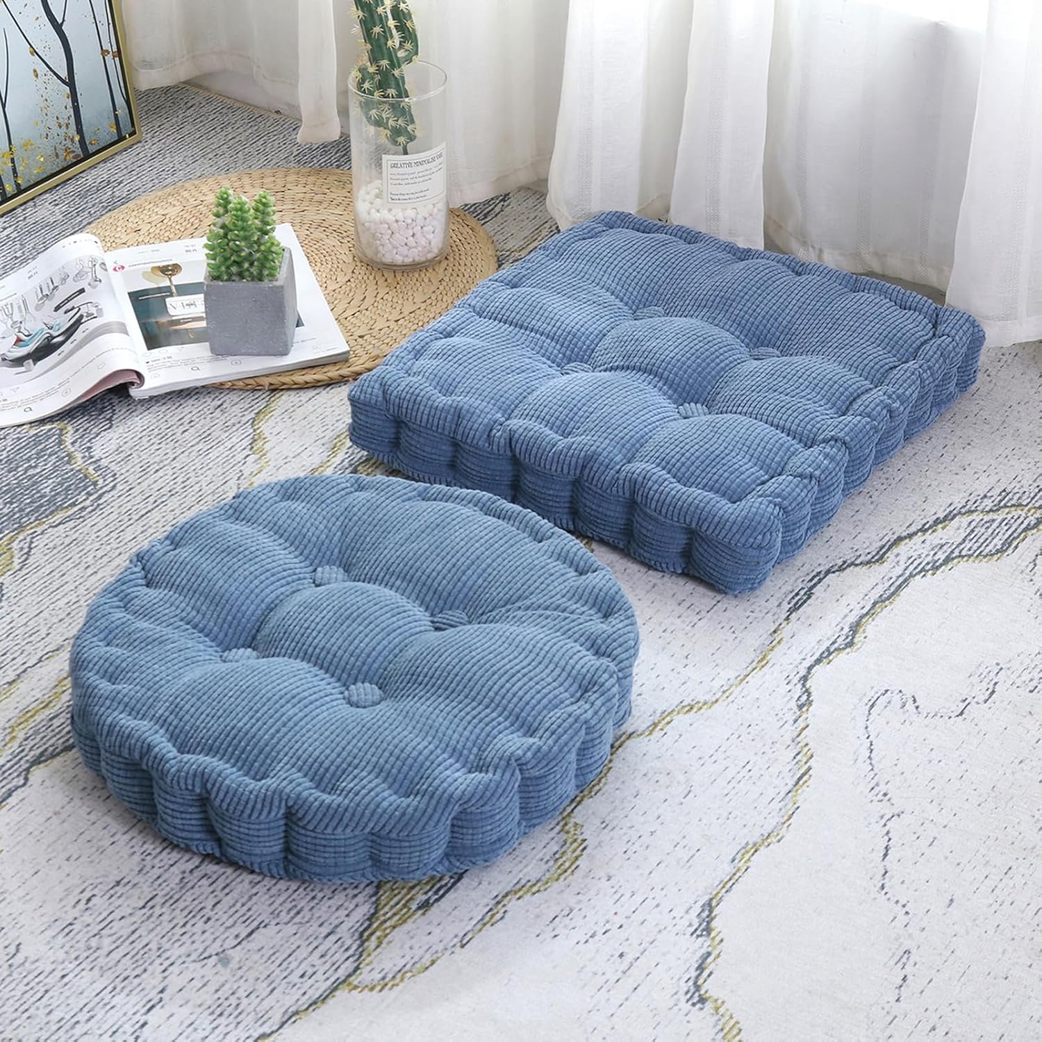 Floor Cushion Pillow Meditation Floor Pillow for Adults, Square and Round 2 Pcs Large Meditation Seating Cushion Tufted Corduroy Floor Sitting, for Tatami Living Room Or (Size:50CM/19.7",Color:Green)