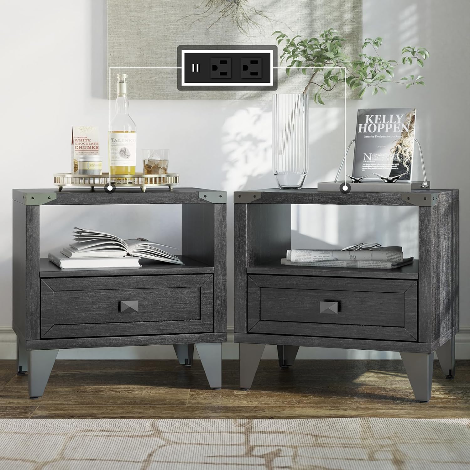 2 Pieces Farmhouse End Table with Charging Station, Industrial Storage Bedside Tables, 20" Rustic Nightstand Compatible with Bedroom, Living Room, Brown(Brown)