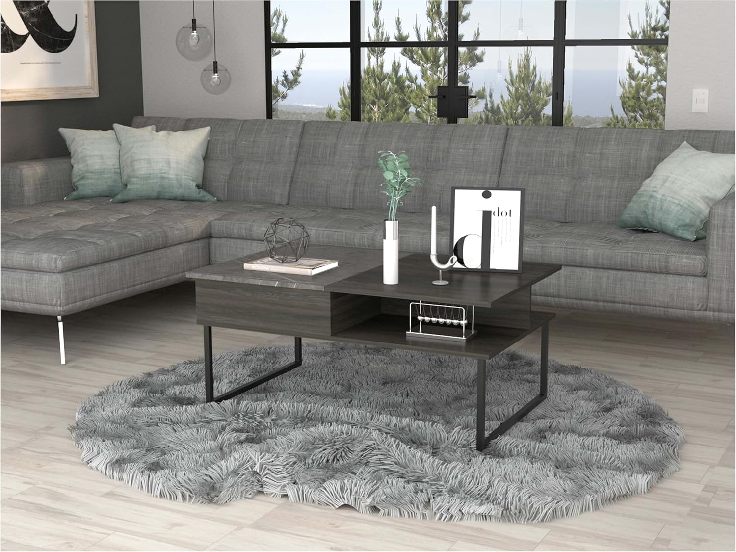 Dayton Lift Top Coffee Table with Storage, Industrial Style Living Room Coffee Table, 30.4" x 18.8", Metal Legs, Hidden Compartment, Modern Home Furniture