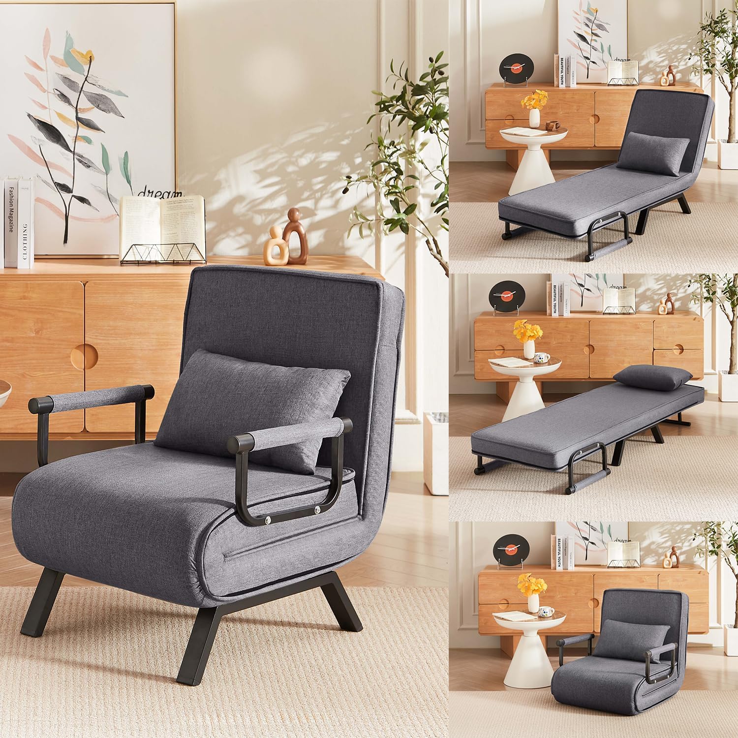 5 in 1 Sleeper Chair Bed, Convertible Bed Futon Sofa with 5-Position Adjustable Backrest & Pillow, Cozy Small Chair Couch for Apartment/Bedroom/Small Spaces/Office (Grey)