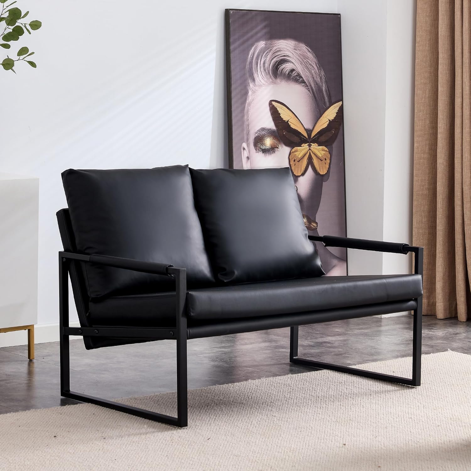 Rustic Faux Leather Loveseat Sofa Couch,Sleeper Sofa Bed for Small Living Spaces Bedroom Guest Room Apartment w/Metal Frame and Comfortable Cushions,Small Love Seats Couch,Easy Assembly (Black)