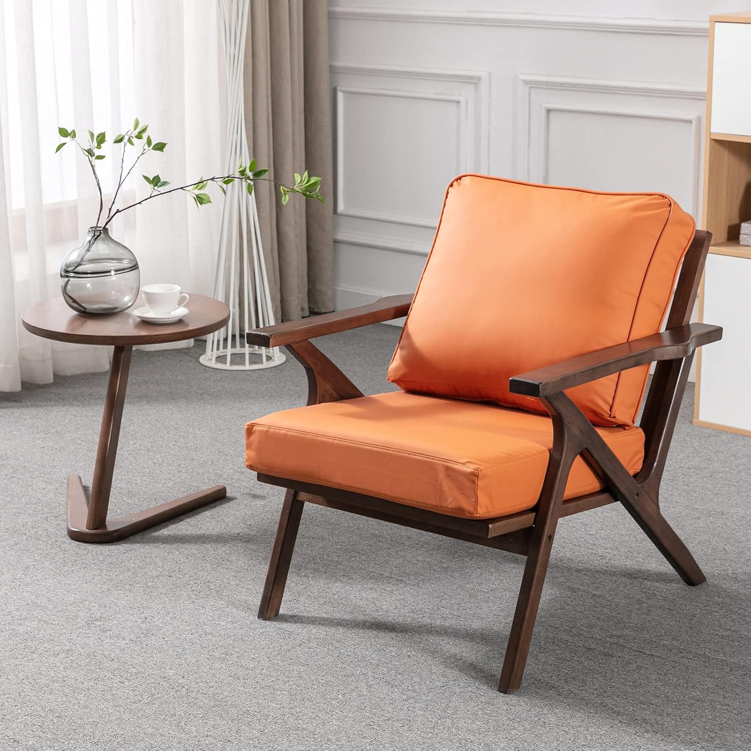 Qulomvs Leather Accent Chair Mid Century Modern Chair,Compfy Upholstered Armchair with Solid Wood Frame & Removable Cushions, Side Reading Chair Leisure Lounge Chair for Living Room Bedroom Office