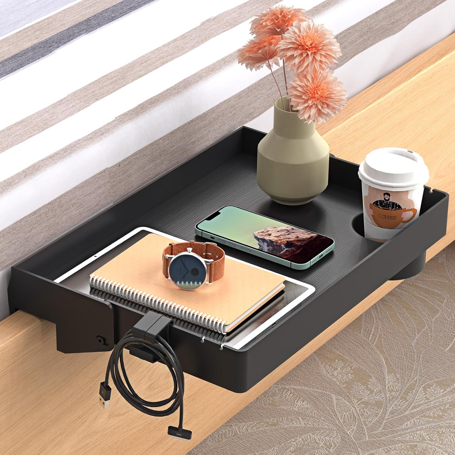 SPACELEAD Bedside Shelf for Bed – College Dorm Room Clip On Nightstand with Cup Holder & Cord Holder -Tray Table Caddy for Students – Bunk Bed Shelf for Organizer Top for Bedroom (Black，Plastic)