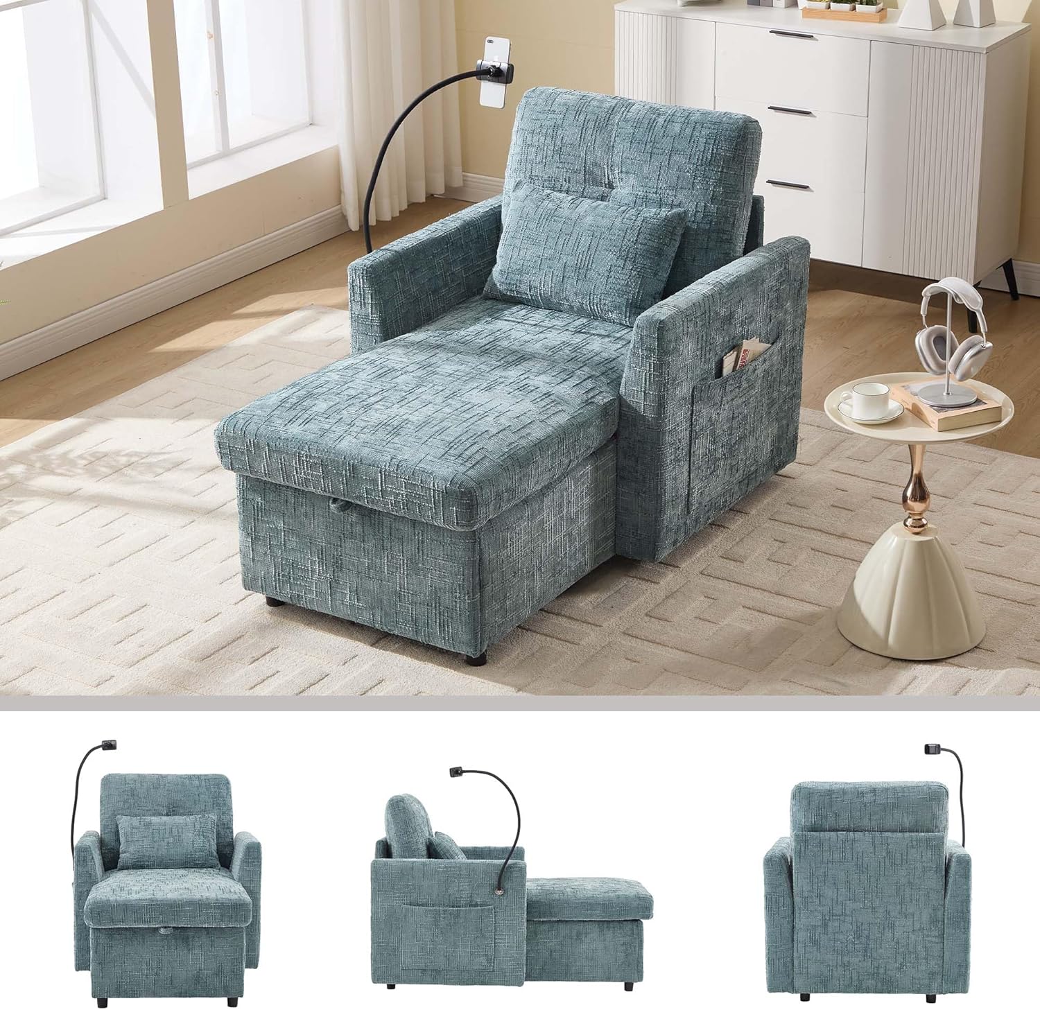 49.2" Multifunctional Storage Recliner Chair with Phone Holder & Side Pockets, Soft Chenille Fabric Single Sofa Chair for Living Room, Bedroom, Adjustable Backrest Leisure Chair (Lake Blue)