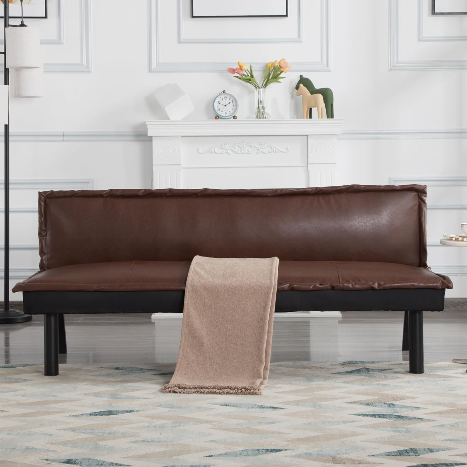 64.6” Faux Leather Futon Sofa Bed with Adjustable Backrest, Convertible Full Size Sleeper Couch, Brown PU Upholstered Loveseat for Small Space, Guest Room, or Office (PU Leather, Brown)