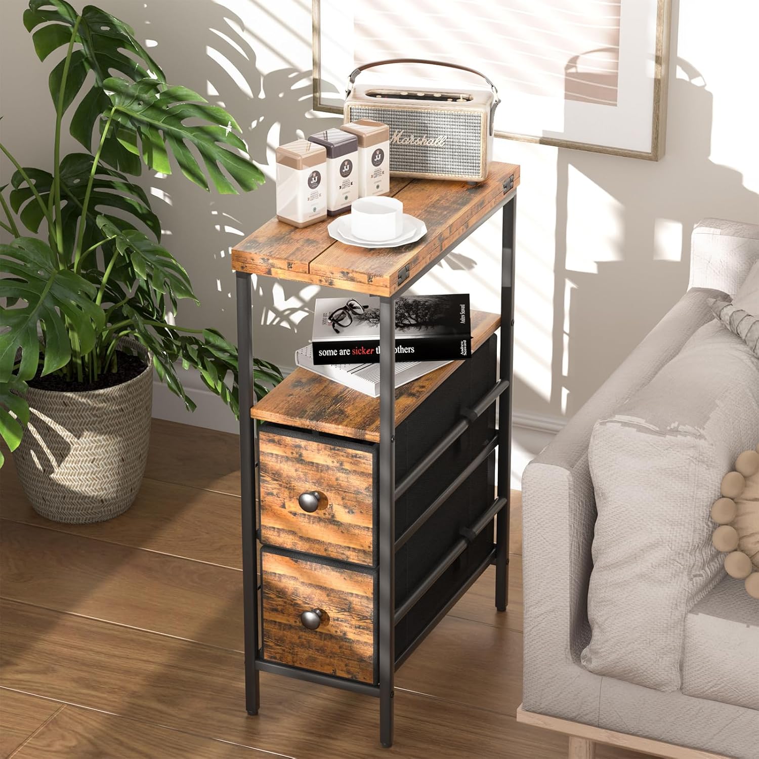 Nightstand, End Table with Storage Cabinet, 4-Tier Modern Corner Side Table, Mini 2 Drawers Night Stand Storage Organizer,Narrow Metal Rack, Rustic Brown