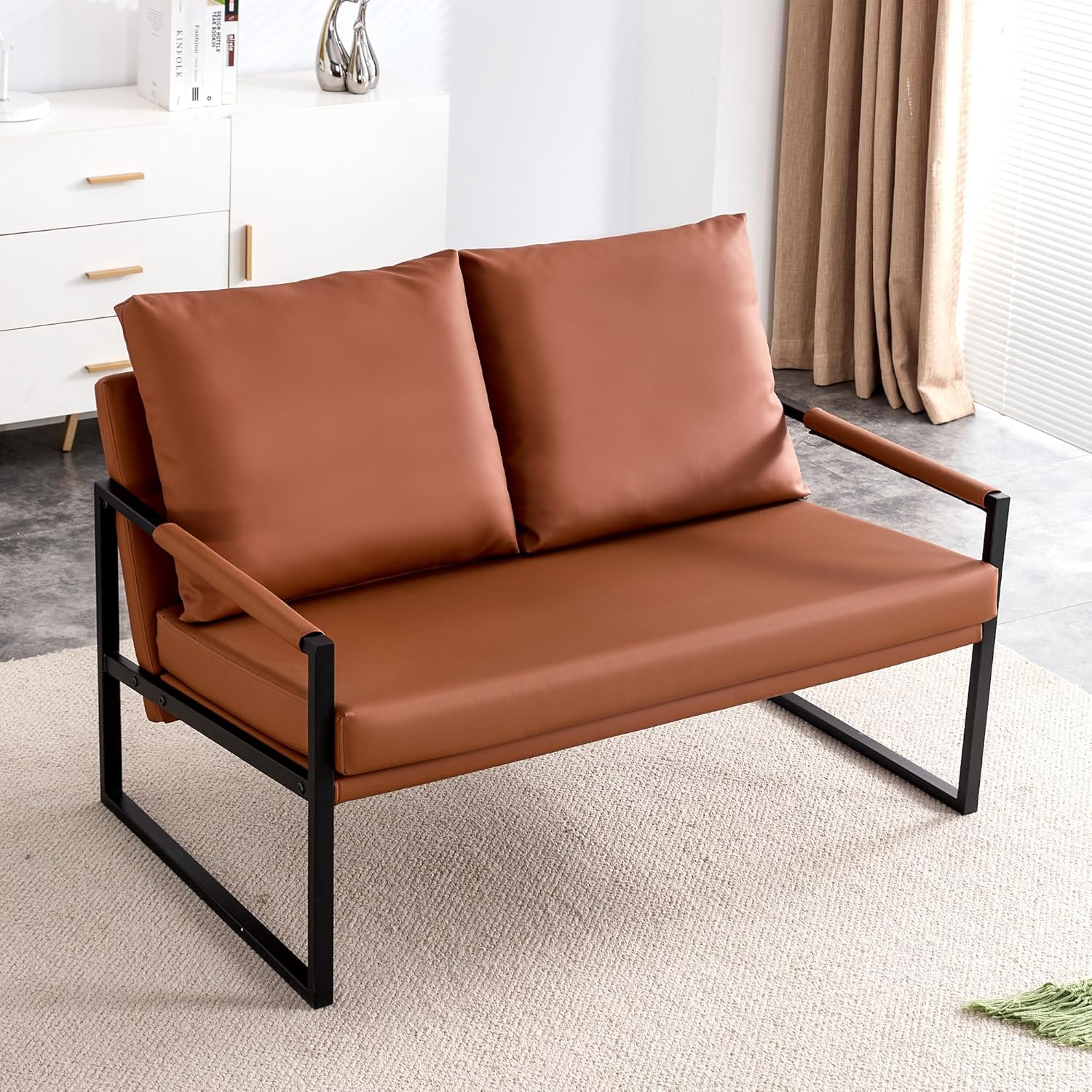 Rustic Faux Leather Loveseat Sofa Couch,Sleeper Sofa Bed for Small Living Spaces Bedroom Guest Room Apartment w/Metal Frame and Comfortable Cushions,Small Love Seats Couch,Easy Assembly (Brown)