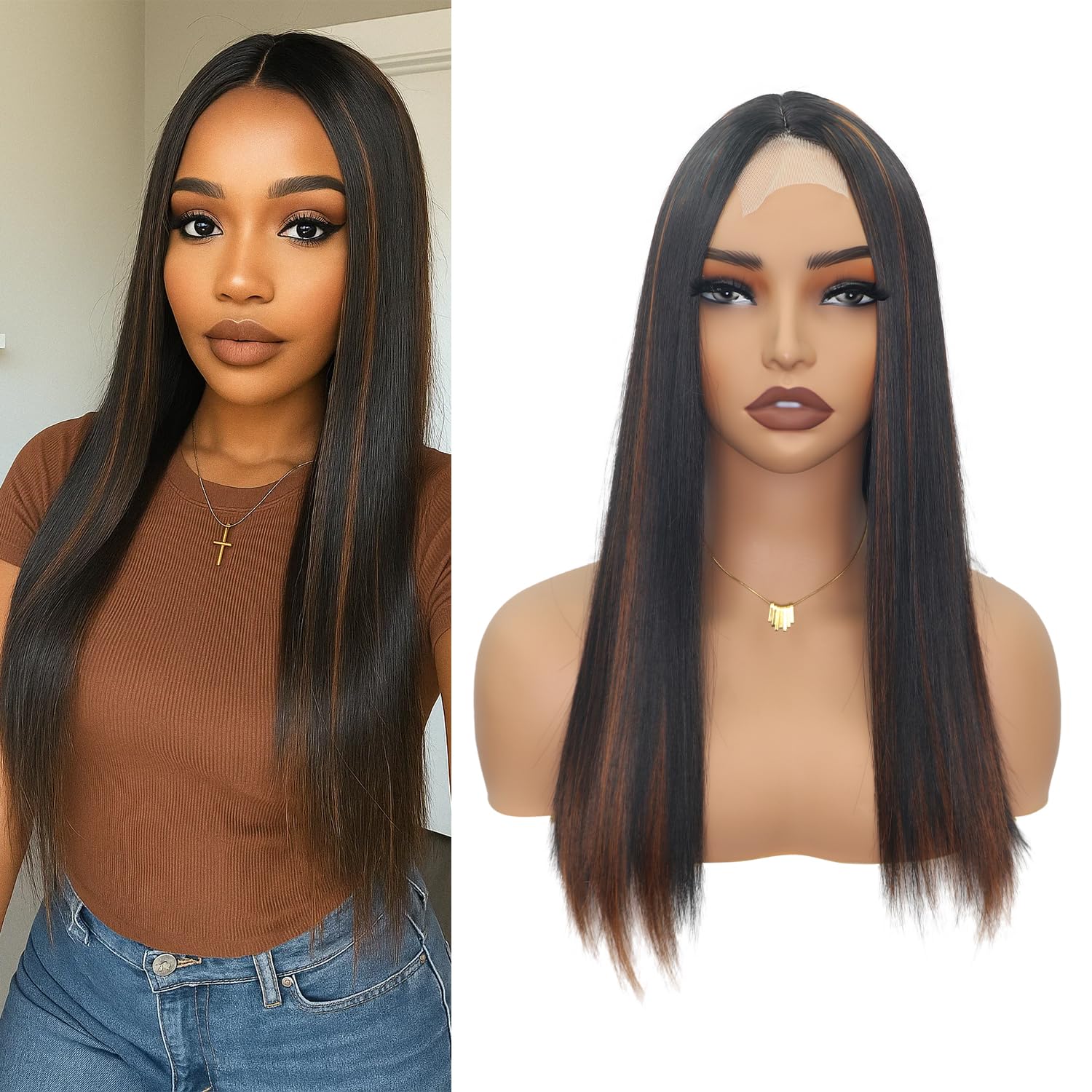 18 Inch Long Straight Hair Wigs for Black Women Glueless Middle Part Natural Looking Soft Natural Like Human Hair Synthetic Wig Small Lace Black Color