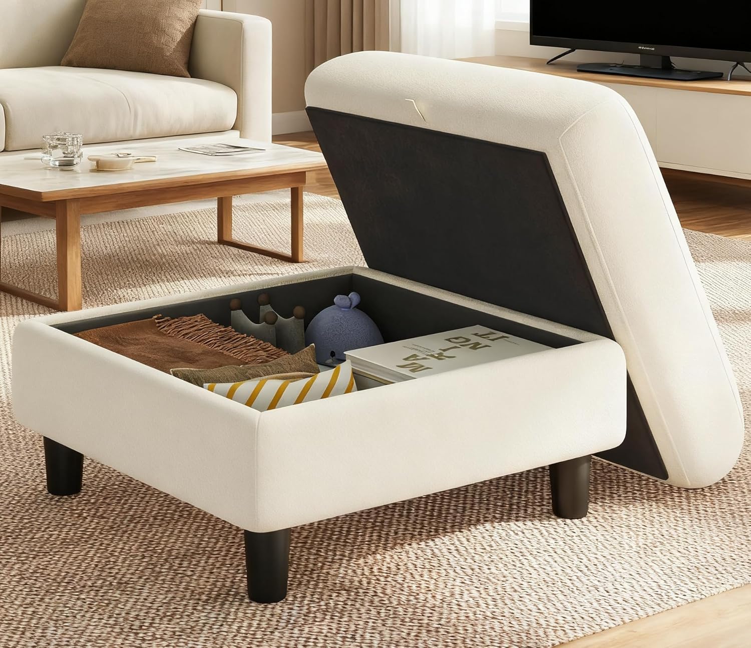 Welzona Sofa Couch, 27" Small Sofas for Living Room, Loveseat Couches, Teddy Fleece Ottoman with Built-in Storage, Beige