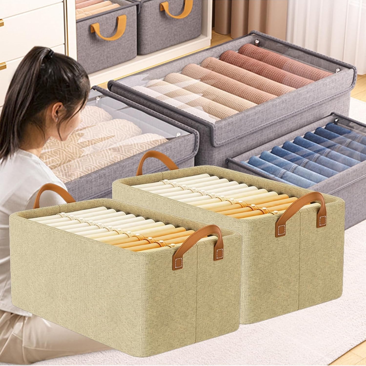 Cation Multi-Functional Folding Wardrobe,Pickelect Storage Boxes,Clothes Storage Organiser, Portable Wardrobe Organizer, Foldable Drawer Storage Boxes with Handles (Beige)