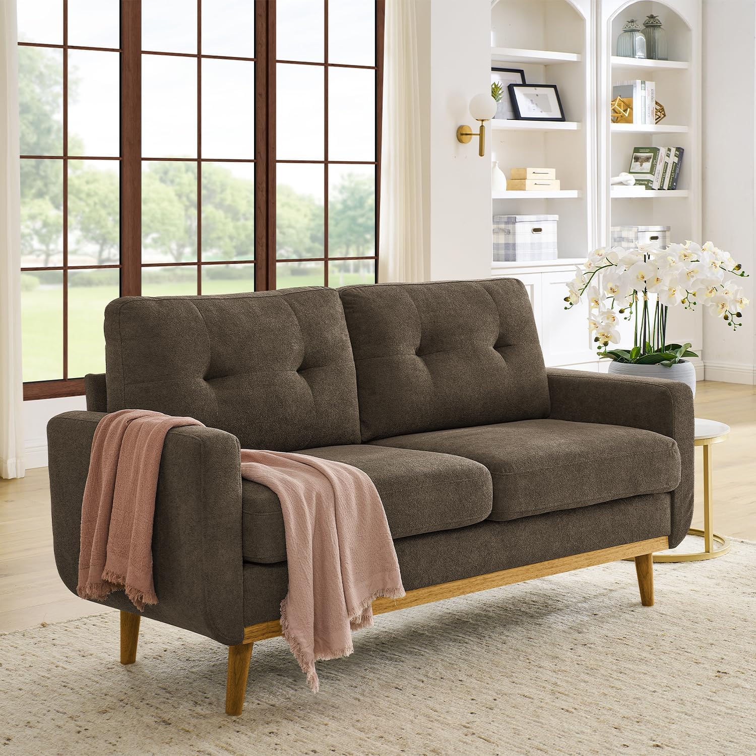 65" W Cream Loveseat Sofa, Mid Century Modern Love Seat Couches for Living Room, Button Tufted Upholstered Small Couch for Bedroom, Solid Wood Legs and Easy to Install Love Seats Furniture (Cream)