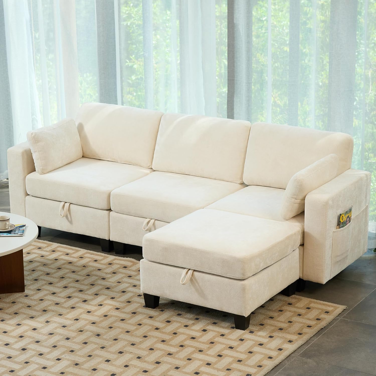 Real Relax Oversized Single Seater Without Armrest Convertible Sectional Sofa Couch, Chenille Modular Sofa with Removable Pillows and Storage Space, Beige