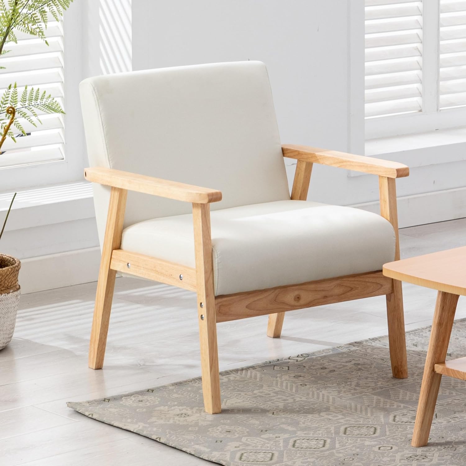 INMOZATA Mid Century Modern Armchair Upholstered Accent Chair with Wood Frame, Living Room Chairs with Armrests, Linen Reading Arm Chair for Living Room, Bedroom, Balcony, Beige