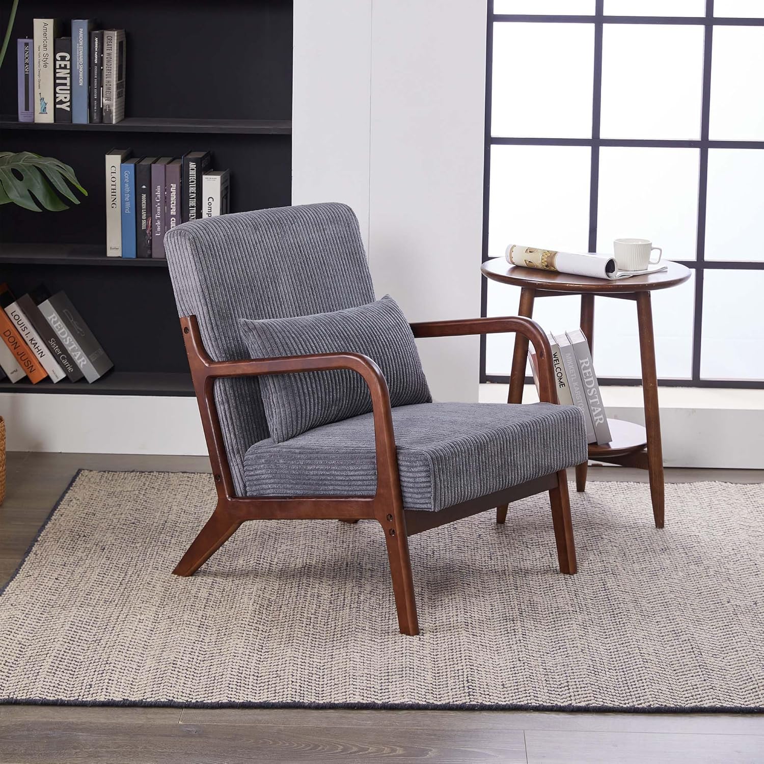 Mid-Century Modern Accent Chair, Polyester Upholstered Armchair with Cotton Pillow & Rubberwood Frame - Ergonomic Reading Chair for Living Room, Bedroom, Balcony - Easy Assembly (Antique Dark Grey)