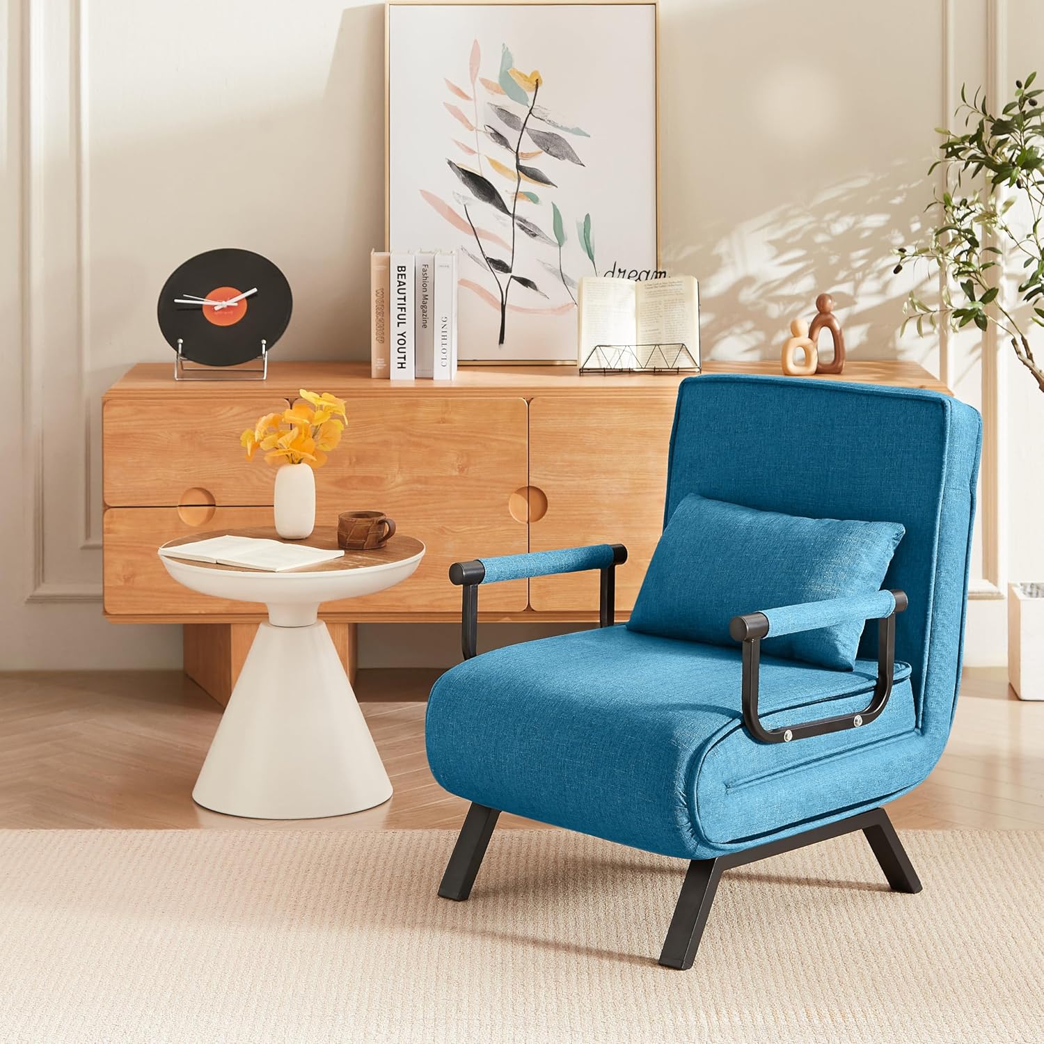 A Foldable Chair Bed with 5-Level Adjustable backrest and Pillow, a Comfortable Single futon Sofa Bed, Suitable for Apartments and Offices. (Blue + Linen + 1 Seat)