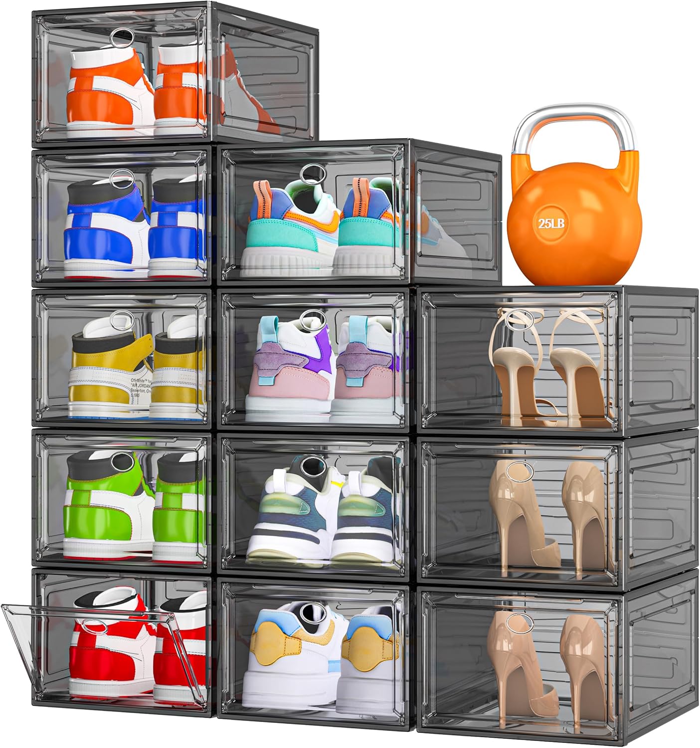 7 code Large Clear Shoe Boxes Organizer【Thicker Material】 Stronger Shoe Box with Magnetic Door, Stackable Shoe Storage Box for Closet, Foldable Space-Saving Storage Bins Shoe Cabinet, White 9 Pack