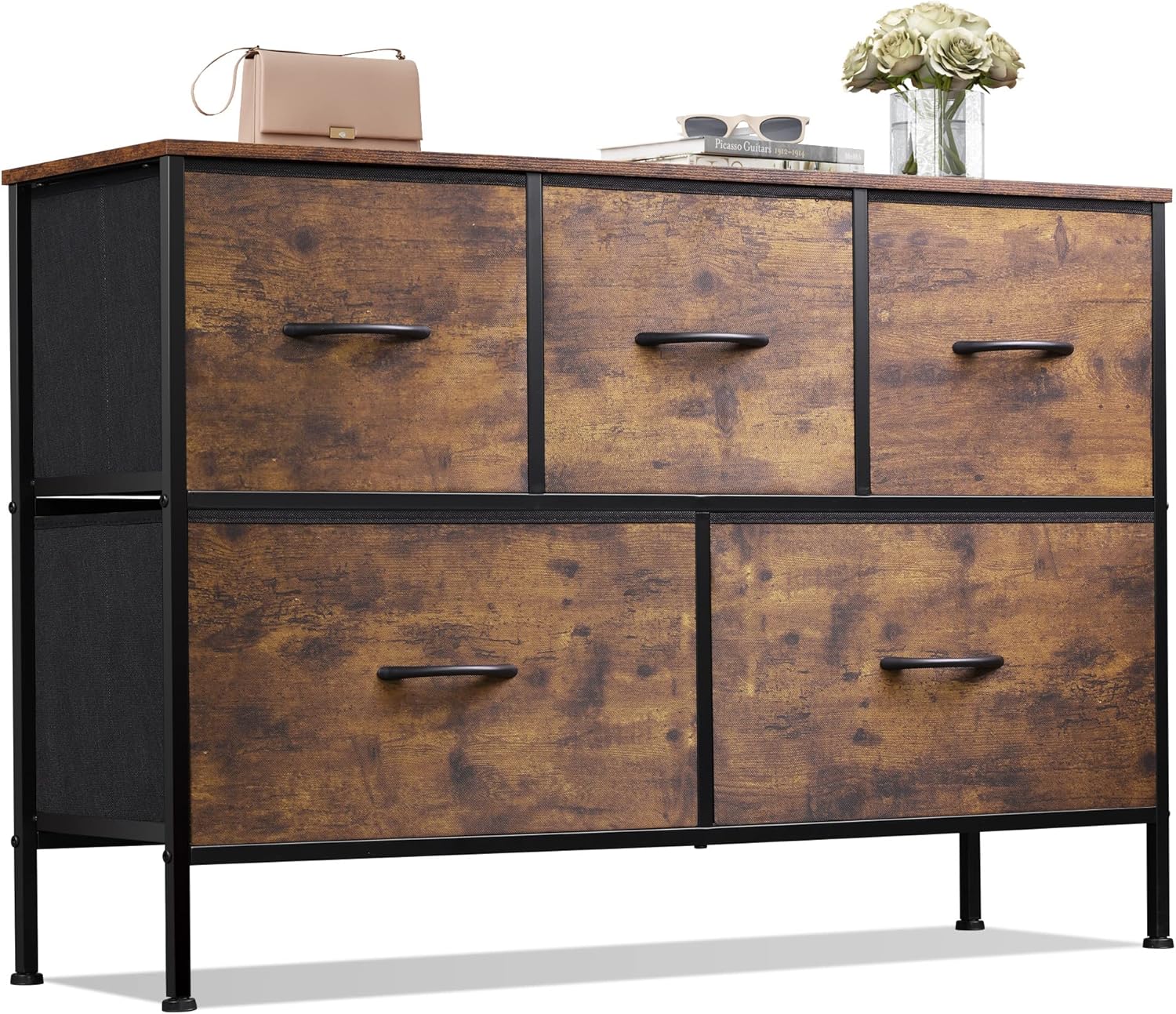 WLIVE Dresser for Bedroom with 5 Drawers, Wide Chest of Drawers, Fabric Dresser, Storage Organizer Unit with Fabric Bins for Closet, Living Room, Hallway, Charcoal Black