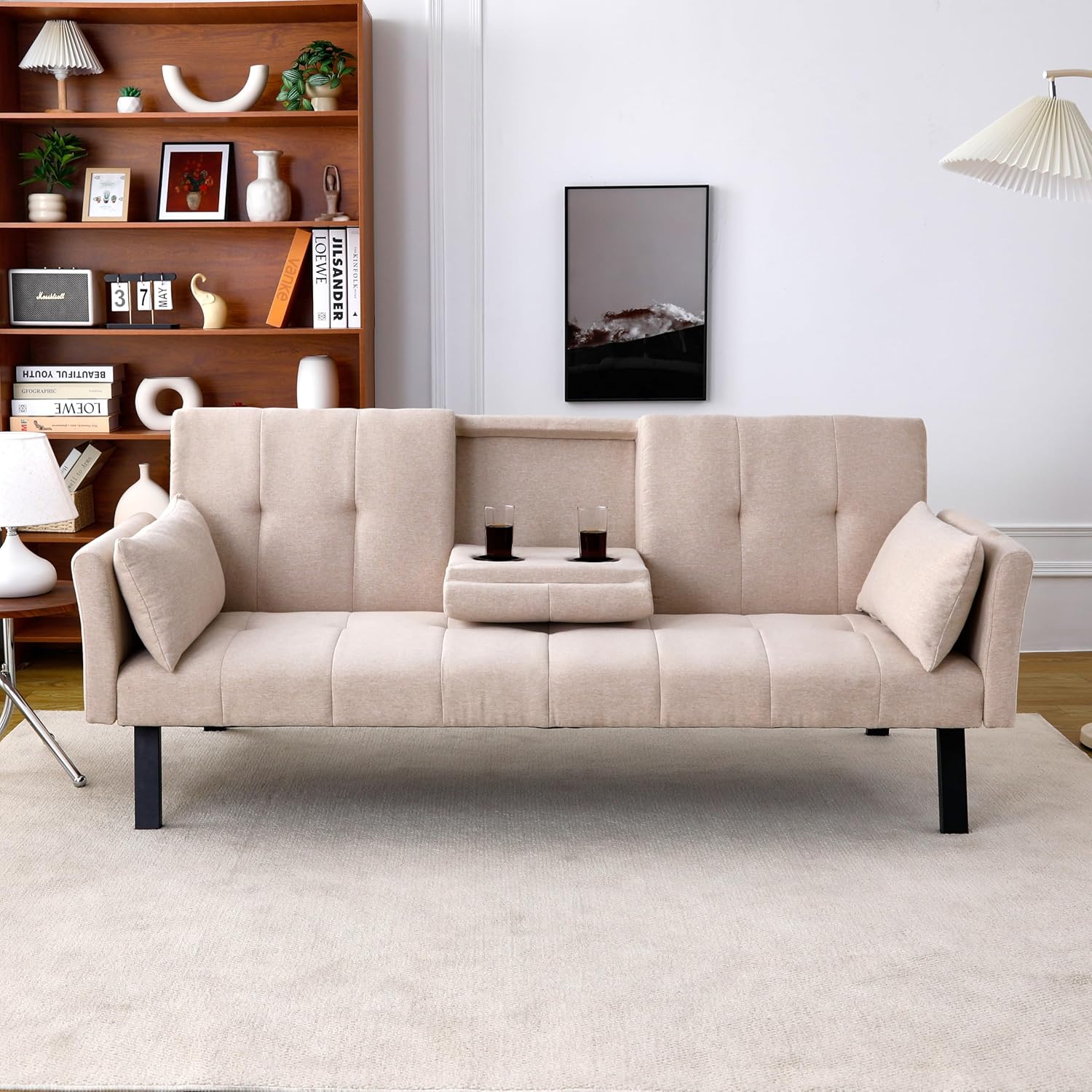 70-Inch Convertible Sofa Bed, Yellow Cotton Linen Upholstered Couch, Multi Functional 2 in 1 Futon Sofa Bed with Cup Holder and Side Storage for Small Spaces, Living Room, Bedroom (Yellow)