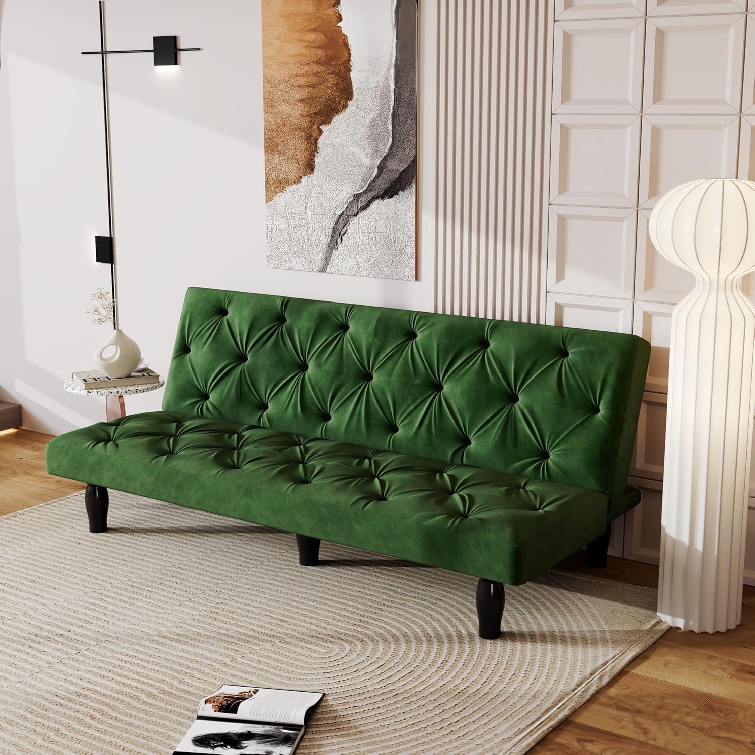 Modern 100% Fabric Velvet Sofa Bed Futon with Wood Legs, Convertible Folding Sofa Bed, Removable Armrests for Compact Living Spaces,Apartments Office Dorms (Black)