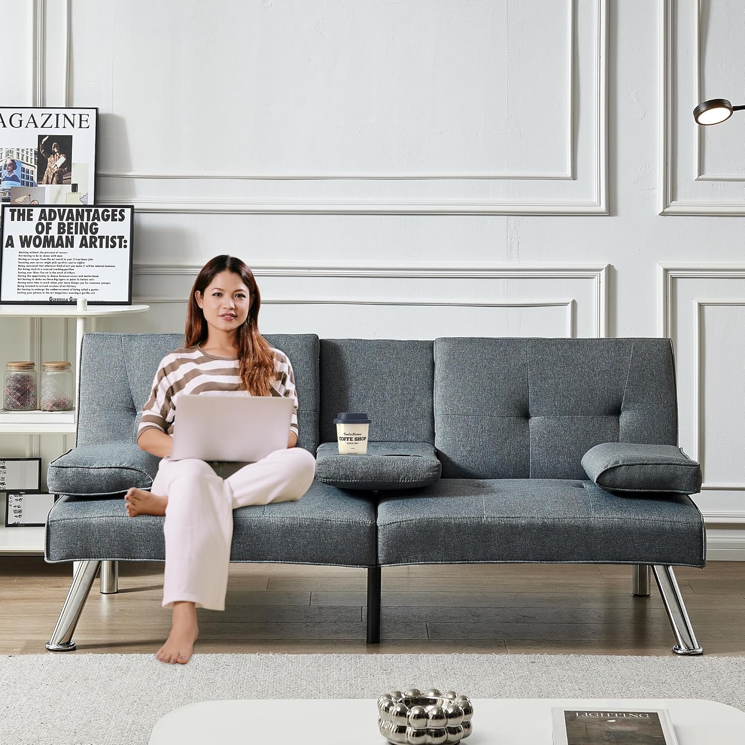 66“ Modern Futon Sofa Bed Couch: Linen Fabric,2 Cup Hodlers,Removable Armrests,Convertible Folding Loveseat Sleeper for Living Room Bedroom Small Space Apartment