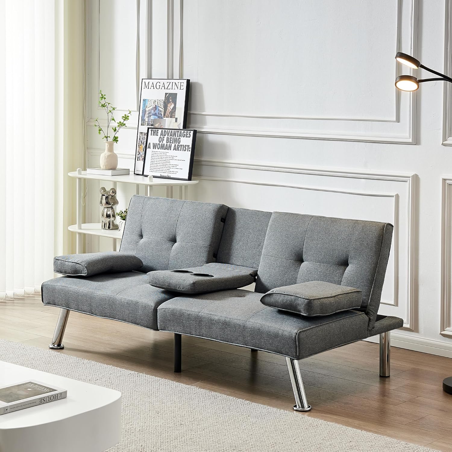 66" Convertible Folding Futon Sofa Bed Sleeper Couch, Reclining Sofa Bed w/Removable Armrests, Metal Legs & 2 Cup Holders for Apartment, Small Space, Apartments Office Dorms (Linen Fabric, Grey)