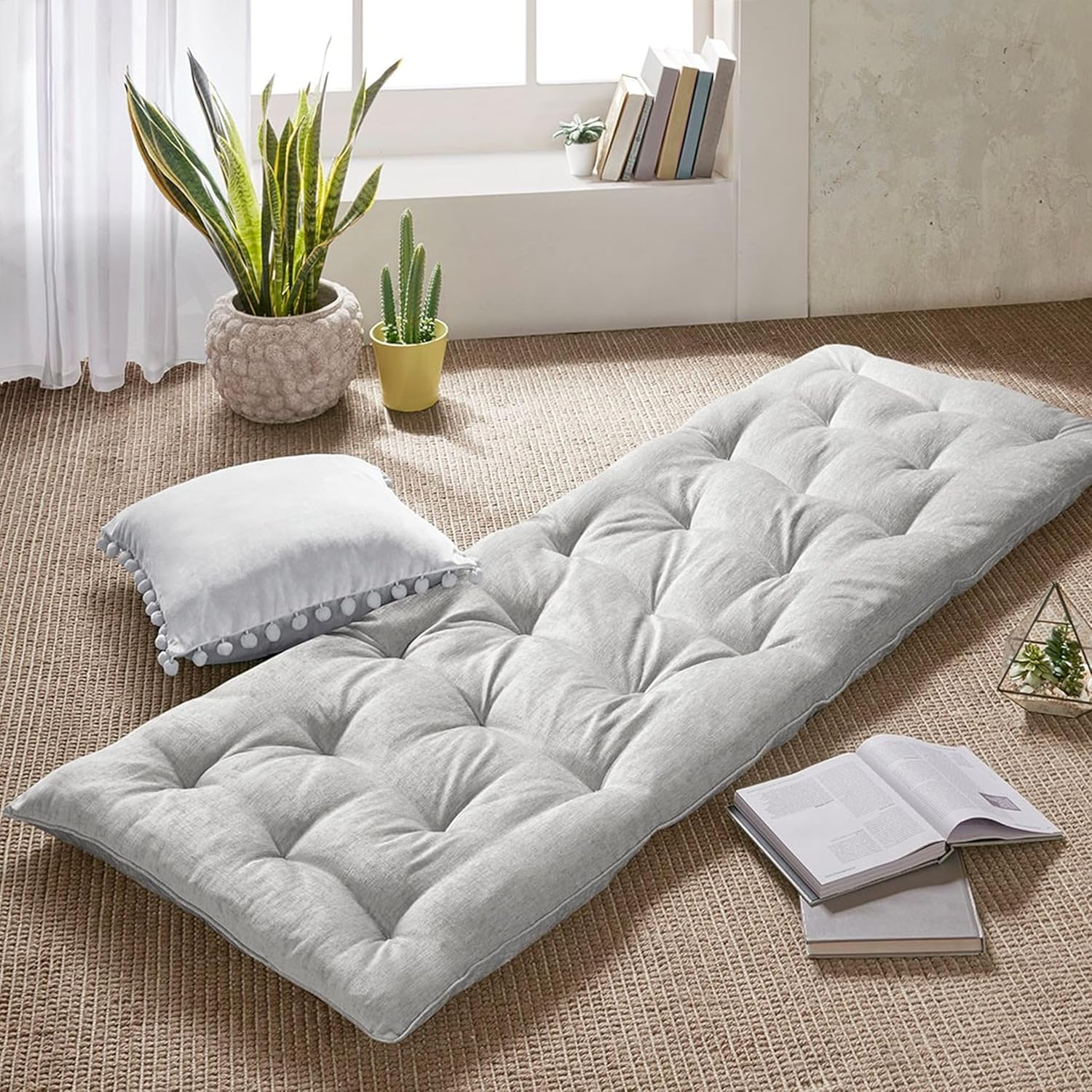 Intelligent Design Edelia Foldable Poly Chenille Light Weight Lounge Floor Pillow Cushion Tufted Seat for Meditation, Game Playing, Yoga, Reading with Travel Wrap, 27"W x 74"L, Blush