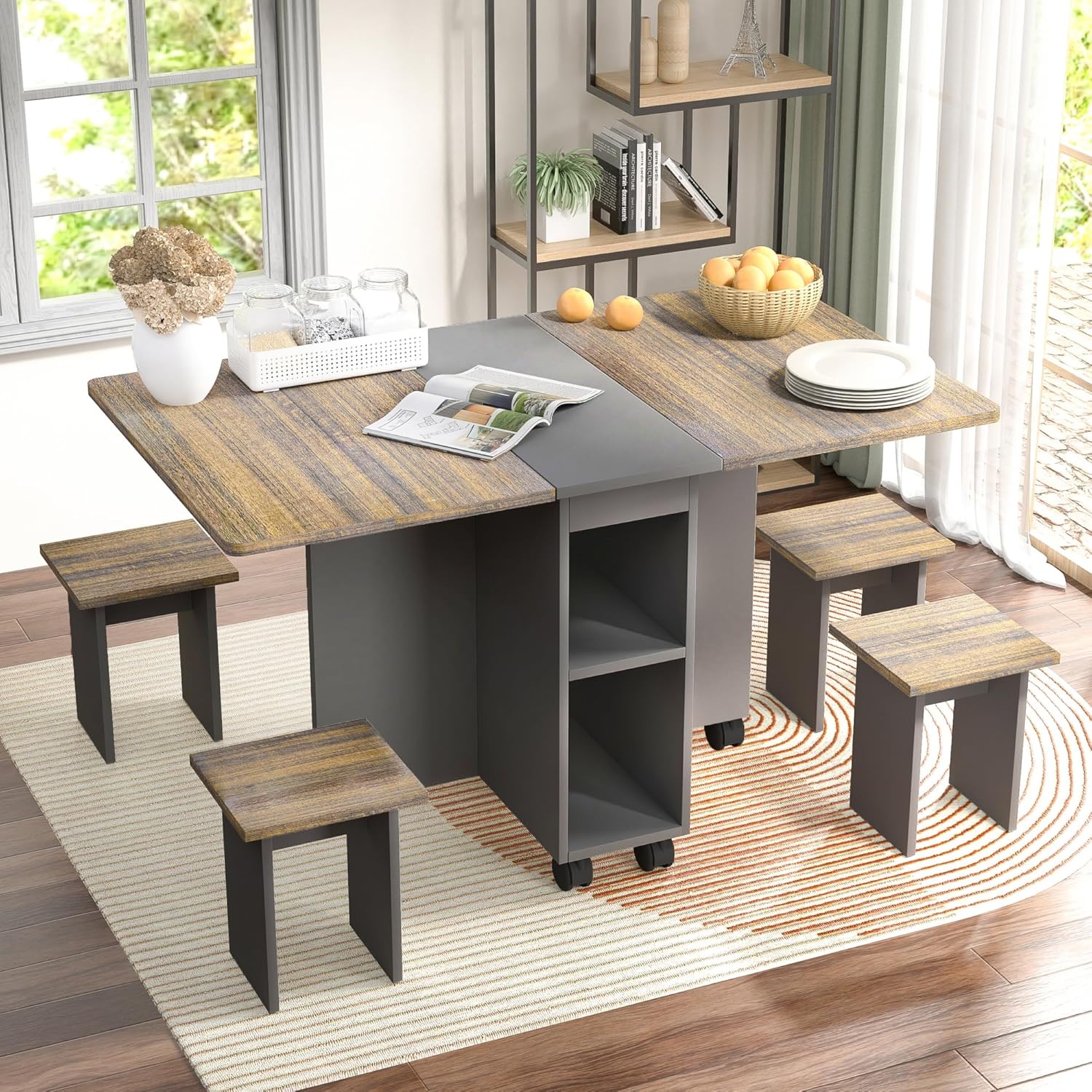 Montary 47" Wood Folding Dining Table with Storage Rack and Cabinet, Removable Entryway Table with 6 Wheels, Drop Leaf Extendable Dining Desk, Versatile Foldable Side Table Space Saving