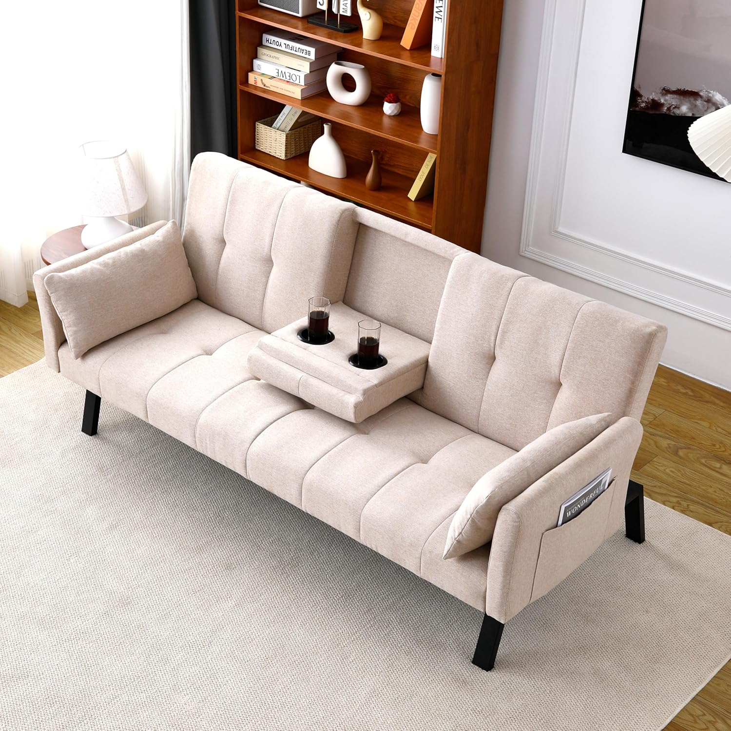 70" Multi-Functional Cotton and Linen Sofa Bed, Modern Linen Upholstered Convertible Folding Futon Sofa Bed with Metal Legs and Side Storage, 2 Cup Holders for Living Room (Green)