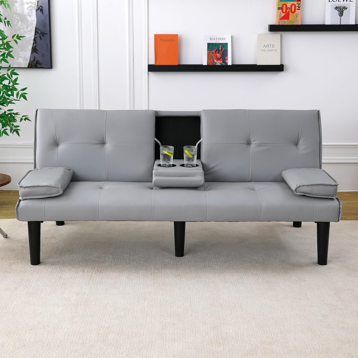 67 Inch Futon Sofa Bed Convertible Foldable Sleeper PVC Loveseat with Cup Holder for Small Space Apartment Dorm Room (Pink)