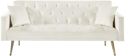 72" Velvet Futon Sofa Bed,Convertible Folding Sleeper Couch Bed,Modern Tufted Recliner Loveseat with Golden Chrome Legs for Small Living Spaces,Bedroom Dorms Office (Beige+Pillows)