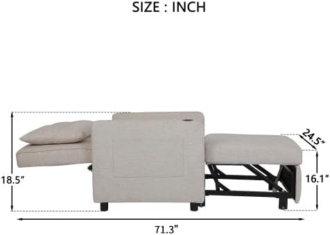 3 in 1 Pull Out Linen Single Sofa Bed with Adjustable Backrest and USB Port, Convertible Sleeper Chair with Side Pocket and Cup Holder for Adults, Teens, Bedrooms