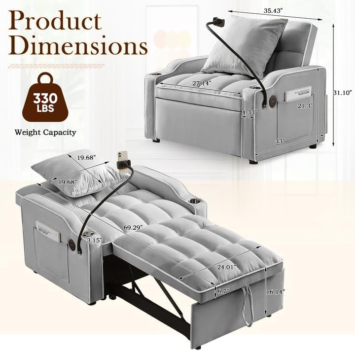 SLEERWAY 3-in-1 Convertible Futon Sofa Bed Chair, Multi-Functional Sleeper Chair Bed with Pull Out Couch and Adjustable Backrest, Modern Velvet Chaise Lounge Armchair for Living Room Bedroom, Grey
