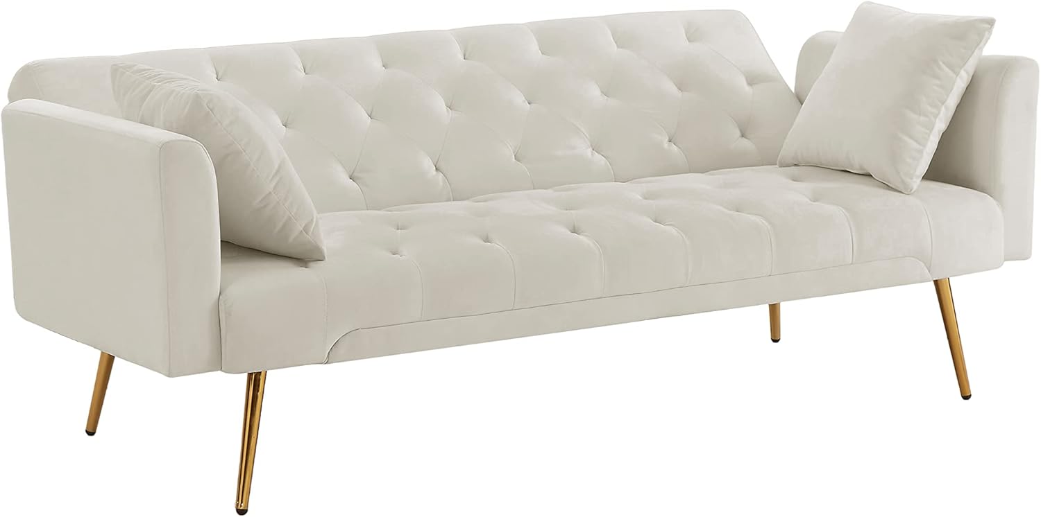 72" Velvet Futon Sofa Bed,Convertible Folding Sleeper Couch Bed,Modern Tufted Recliner Loveseat with Golden Chrome Legs for Small Living Spaces,Bedroom Dorms Office (Beige+Pillows)