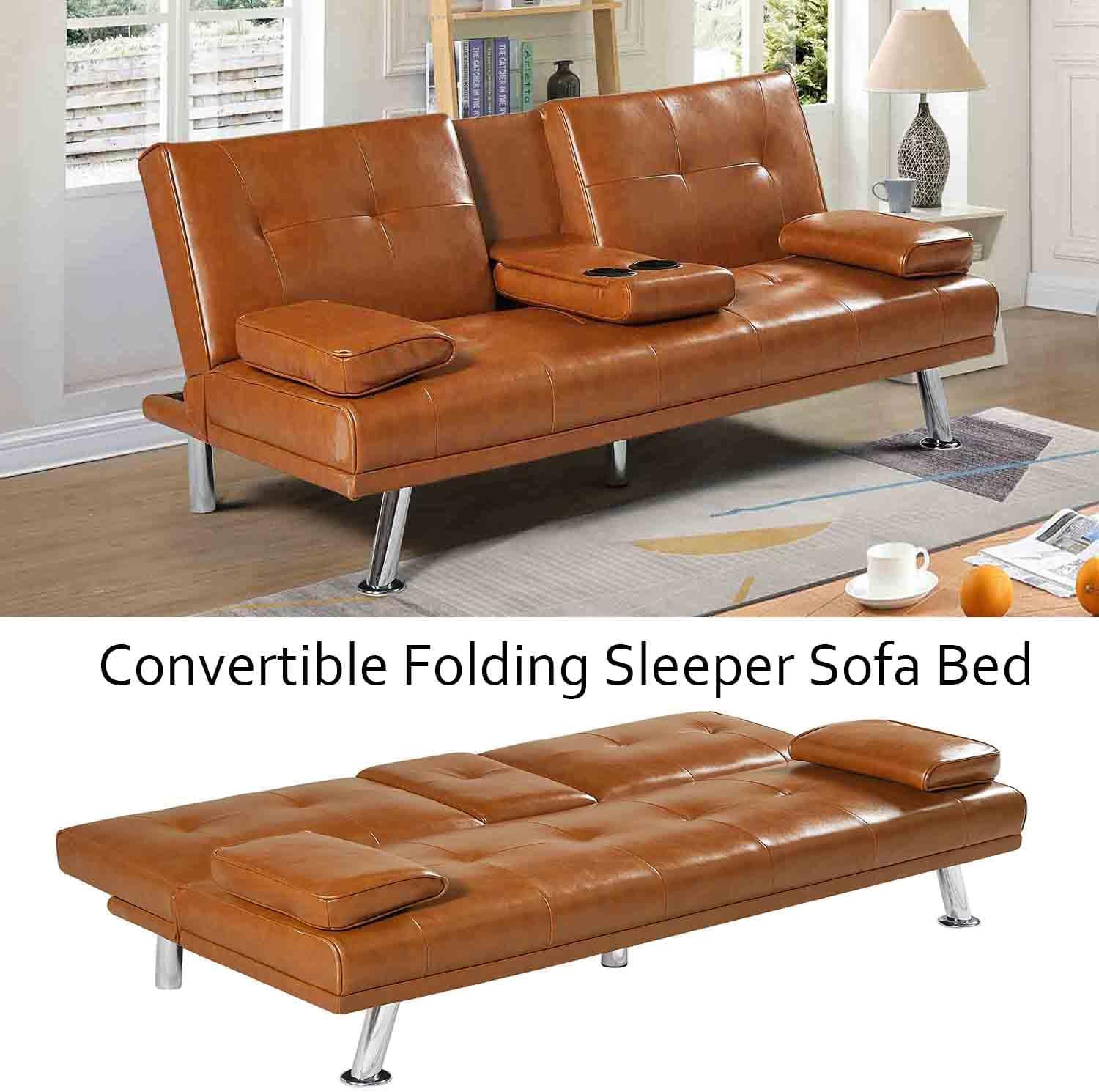 66” Modern Futon Sofa Bed with 2 Cupholders, Convertible Adjustable Upholstered Loveseat with Removable Armrests/Metal Legs, Memory Foam Living Seat for Compact Spaces/Office,Brown(Brown)