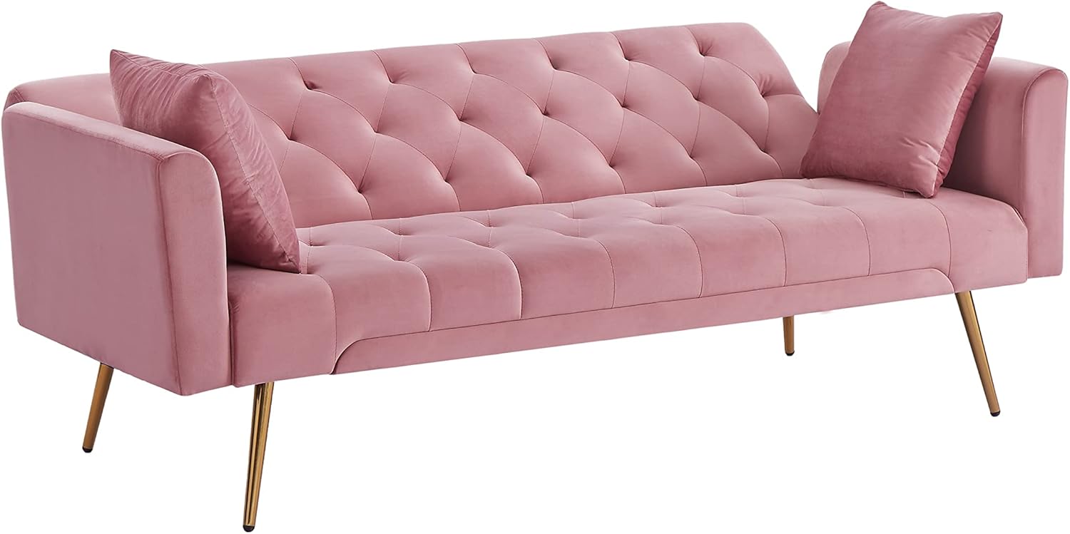 72" Velvet Futon Sofa Bed,Convertible Folding Sleeper Couch Bed,Modern Tufted Recliner Loveseat with Golden Chrome Legs for Small Living Spaces,Bedroom Dorms Office (Pink+Pillows)