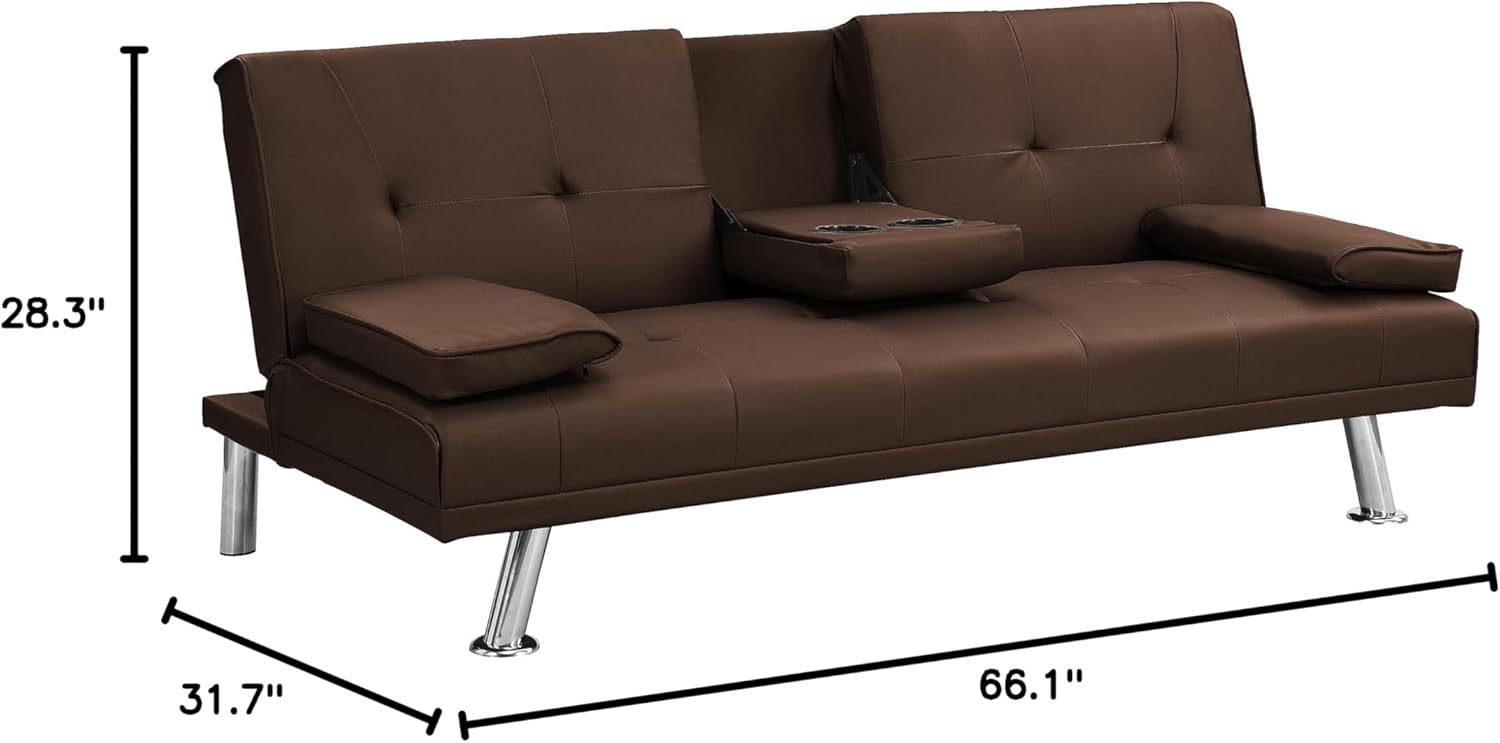 Modern Upholstered Convertible Folding Futon Sofa Bed, Convertible Sleeper Sofa, Couch, Loveseat with Metal Legs,2 Cupholders for Compact Living Space Living Room,Bedroom,Apartment (Beige)(Brown)