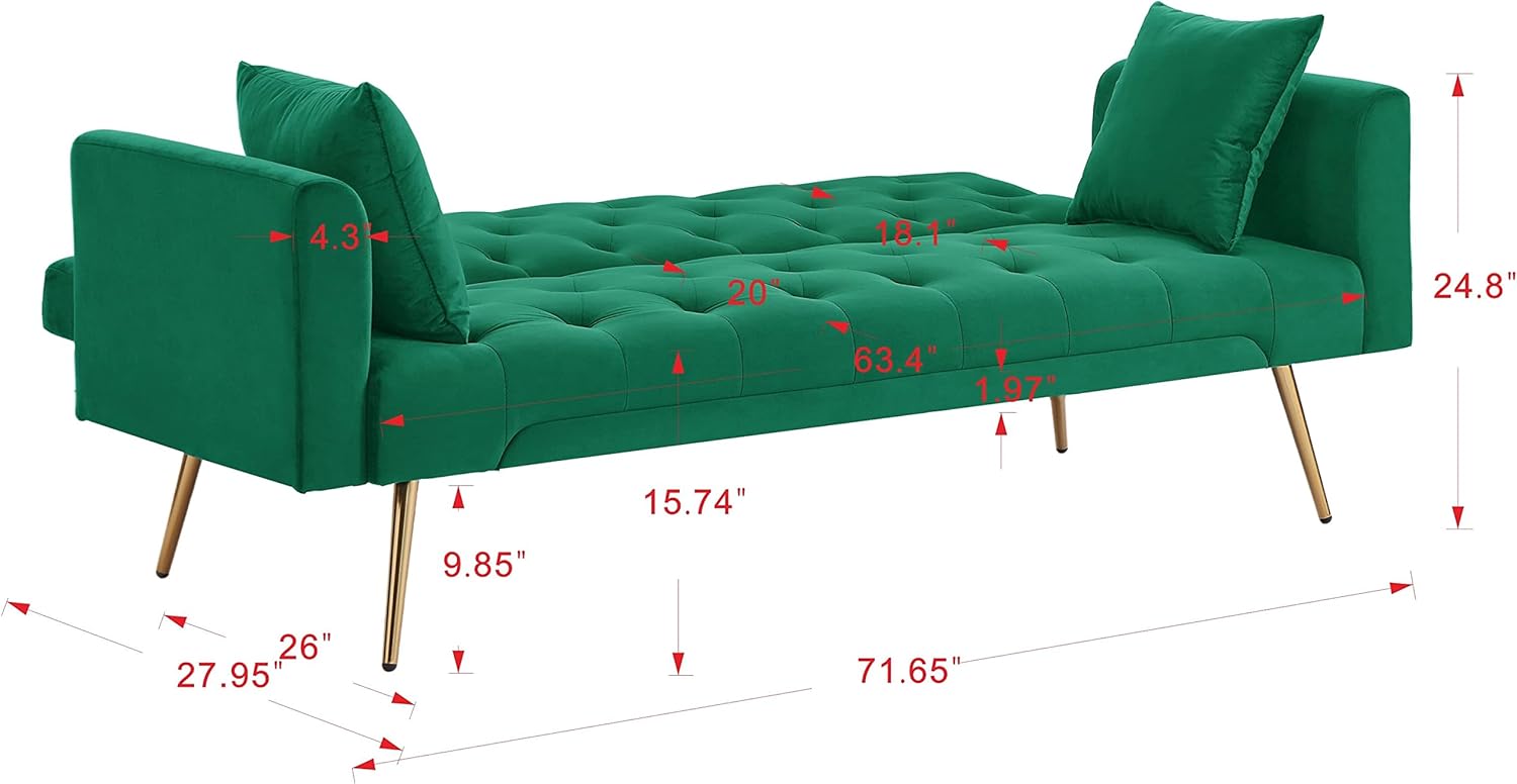 72" Velvet Futon Sofa Bed,Convertible Folding Sleeper Couch Bed,Modern Tufted Recliner Loveseat with Golden Chrome Legs for Small Living Spaces,Bedroom Dorms Office (Green+Pillows)