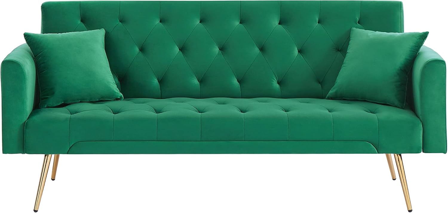 72" Velvet Futon Sofa Bed,Convertible Folding Sleeper Couch Bed,Modern Tufted Recliner Loveseat with Golden Chrome Legs for Small Living Spaces,Bedroom Dorms Office (Green+Pillows)