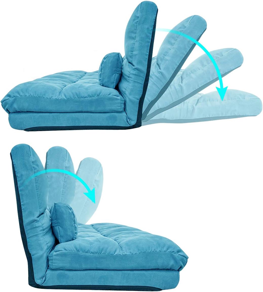 Adjustable Floor Sofa, Foldable Lazy Sofa Sleeper Bed 6-Position Adjustable, Convertible Floor Sofa Chair, Floor Gaming Sofa Couch with 2 Pillows for Bedroom/Living Room/Balcony (Brown)(Blue)
