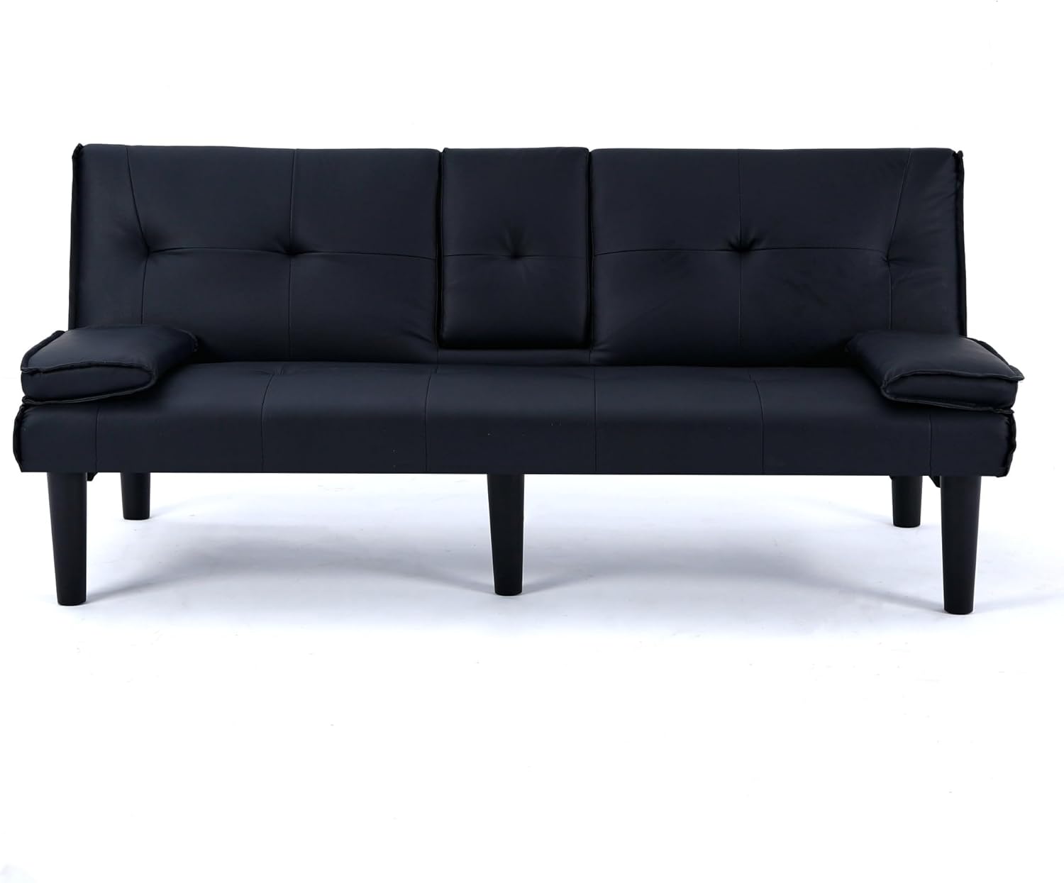 Modern Convertible Futon Sofa Bed, 3-Position Folding Couch with 2 Cup Holders & Detachable Armrests, PU Leather Multi-Functional Sleeper for Living Space, Workspace, Dormitory (Black)(Black)