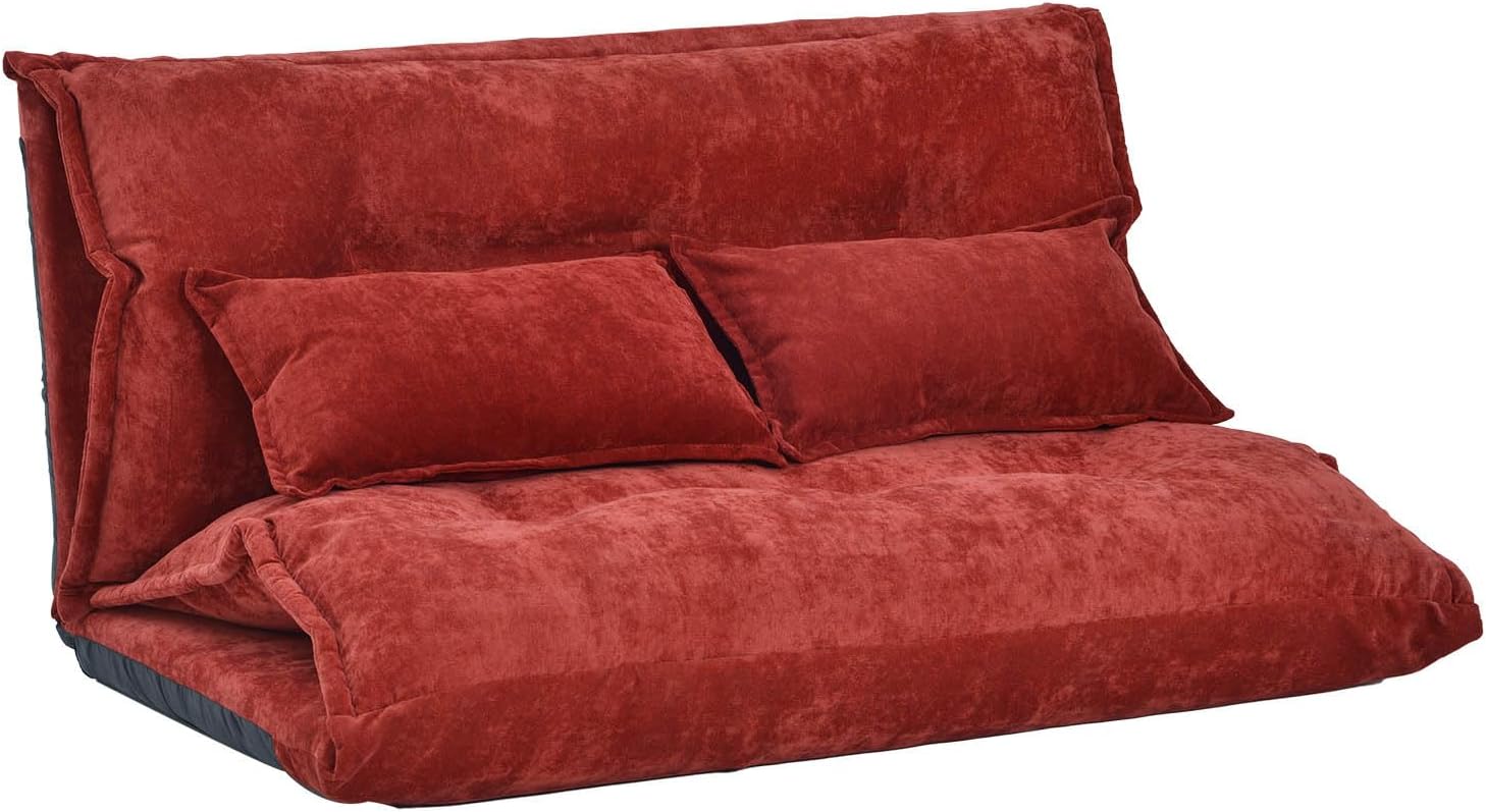Floor Sofa Bed with 2 Pillows, Adjustable Lazy Sofa, Folding Futon Couch, Video Gaming Sofa for Bedroom/Living Room/Balcony, Lounge Couch Bed, 5 Reclining Position (Red)