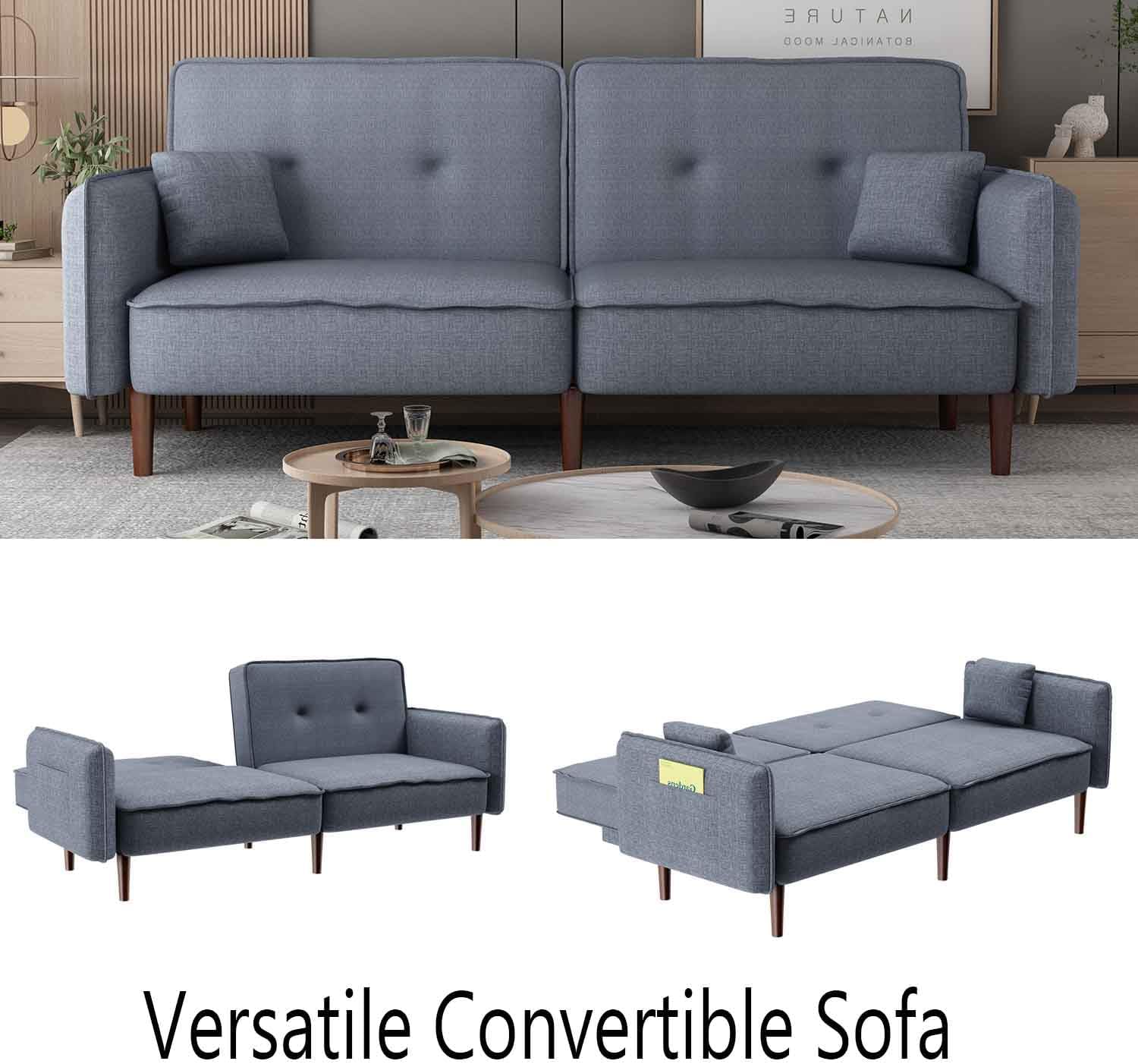 75” Futon Sofa Bed, Modern Sleeper Couch with Wood Legs/Magazine Bag, Folding Upholstered Recliner Sofa, Memory Foam Living Seat for Apartment/Office/Studio, Grey