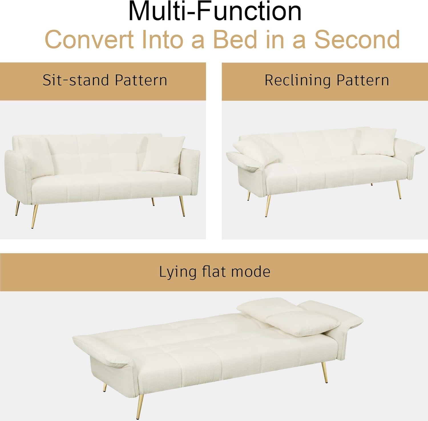 Futon Sofa Bed, 70 inch Convertible Velvet Futon Couch with Folding Armrests, Modern Sleeper Sofa Adjustable Backrest for Small Spaces, Living Room, Office (Beige)(Beige)