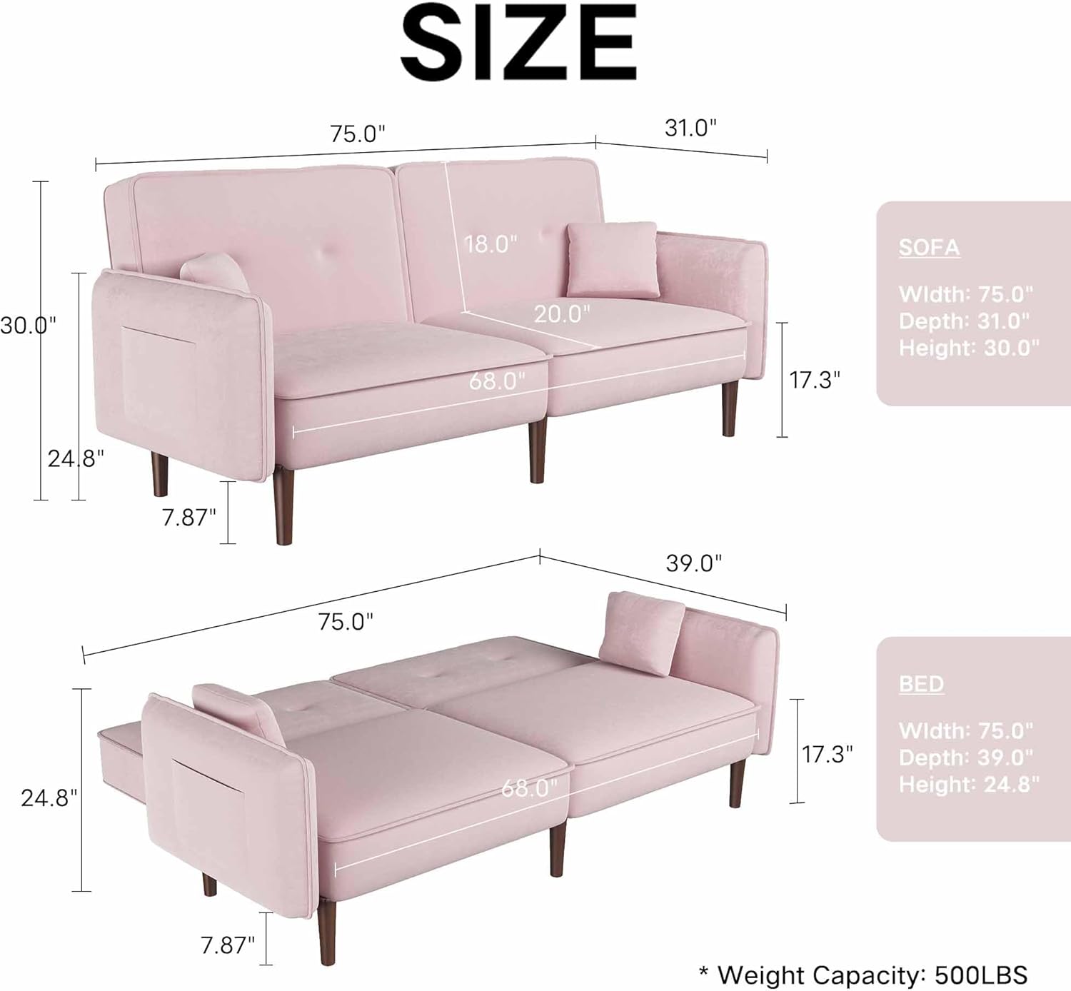 75”Loveseat Futon, Convertible Velvet Sofa Bed, Modern Sleeper Couch with Wood Legs, Folding Upholstered Recliner Sofa, Memory Foam Living Seat for Apartment/Office (Pink)(Pink)