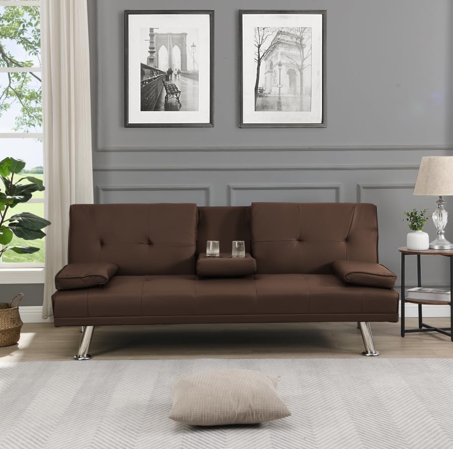 Modern Upholstered Convertible Folding Futon Sofa Bed, Convertible Sleeper Sofa, Couch, Loveseat with Metal Legs,2 Cupholders for Compact Living Space Living Room,Bedroom,Apartment (Beige)(Brown)