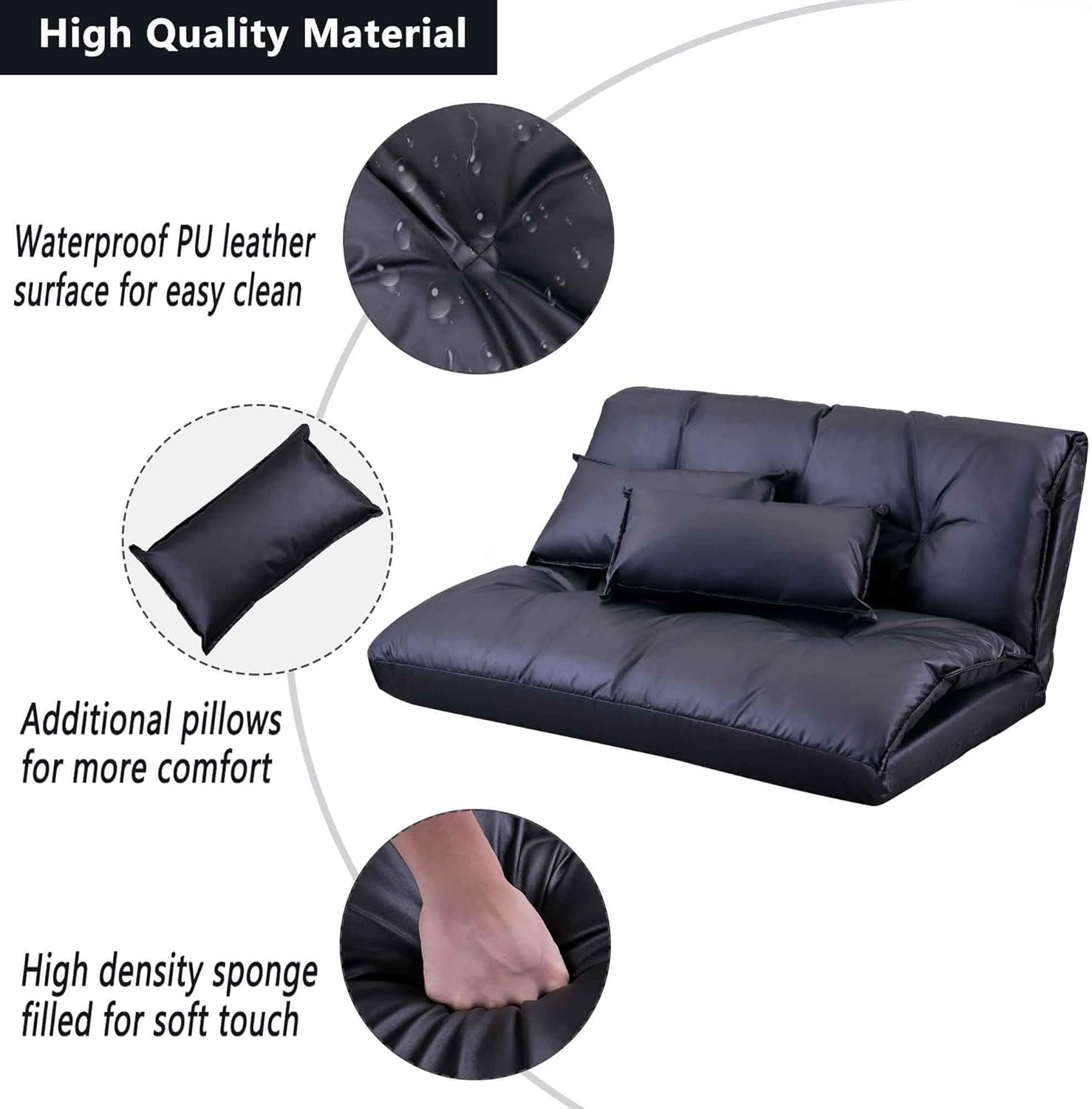 Lazy Sofa with 2 Pillows, Floor Sofa Bed with Adjustable Backrest, Folding Futon Sofa for Reading Gaming Small Spaces Apartment Balcony, Leisure Chaise Lounge Couch Bed (Blue)(Black)