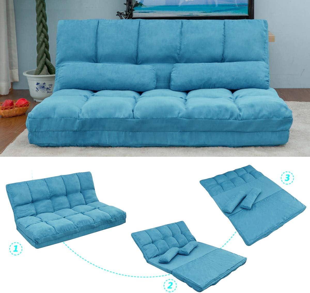 Double Foldable Lazy Floor Sofa with 2 Pillows, Foldable Sofa Sleeper Bed 5-Position Adjustable, Suede Cloth Cover for Reading Gaming, Bedroom, Living, Room, Balcony (Blue)(Blue)