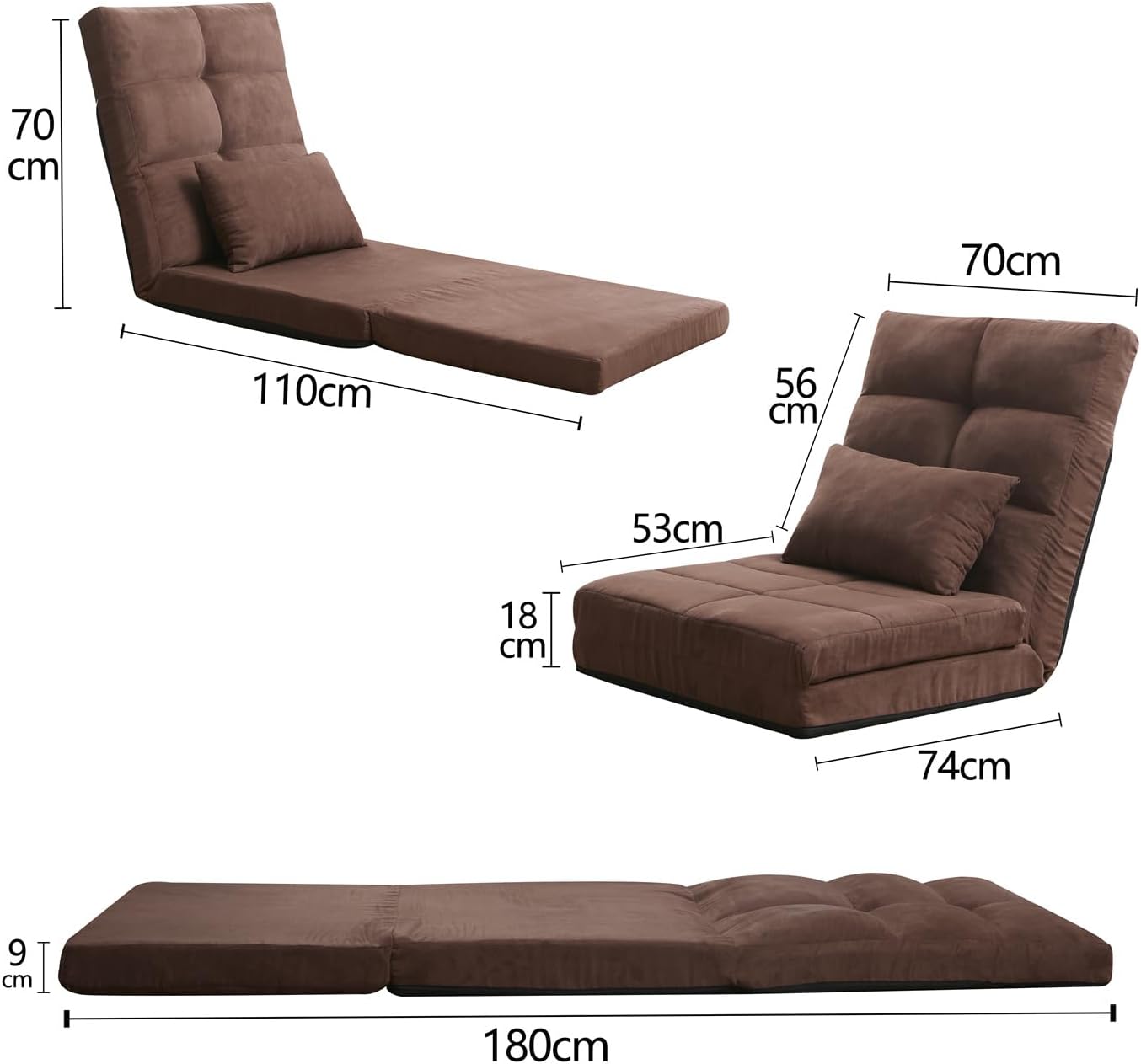 Triple Fold Down Sofa Bed, Adjustable Floor Couch Sofa with One Pillow, 5 Reclining Position, Convertible Upholstered Guest Sleeper,Adjustable Foldable Modern Leisure Sofa Bed Video Gaming Sofa