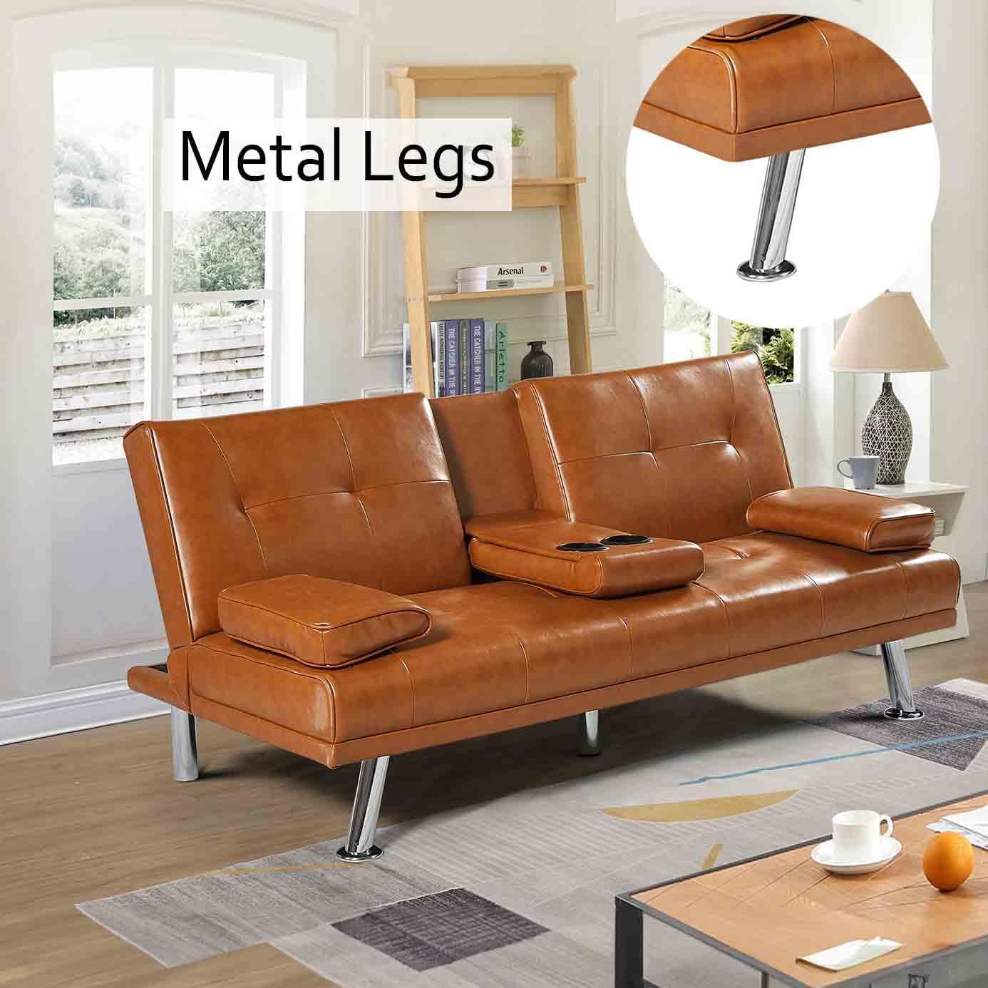 66” Modern Futon Sofa Bed with 2 Cupholders, Convertible Adjustable Upholstered Loveseat with Removable Armrests/Metal Legs, Memory Foam Living Seat for Compact Spaces/Office,Brown(Brown)