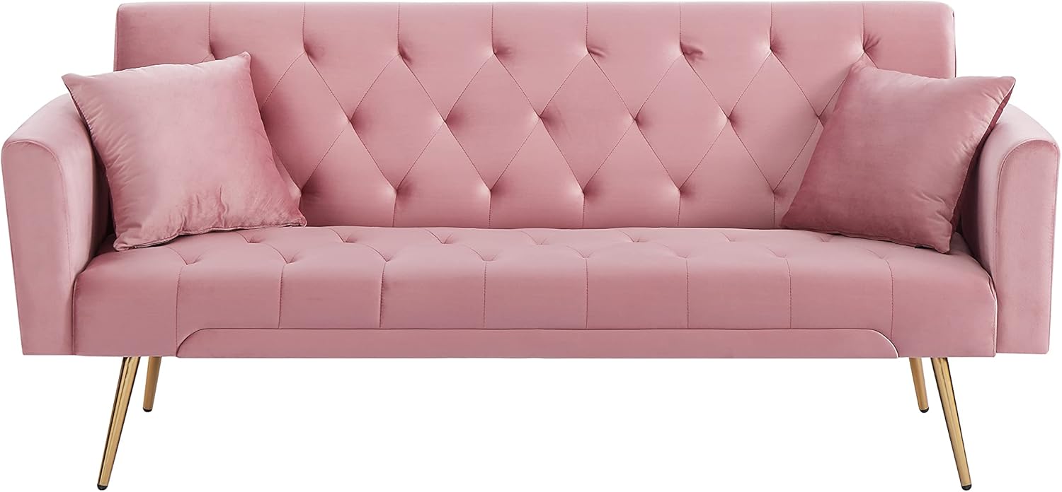 72" Velvet Futon Sofa Bed,Convertible Folding Sleeper Couch Bed,Modern Tufted Recliner Loveseat with Golden Chrome Legs for Small Living Spaces,Bedroom Dorms Office (Pink+Pillows)